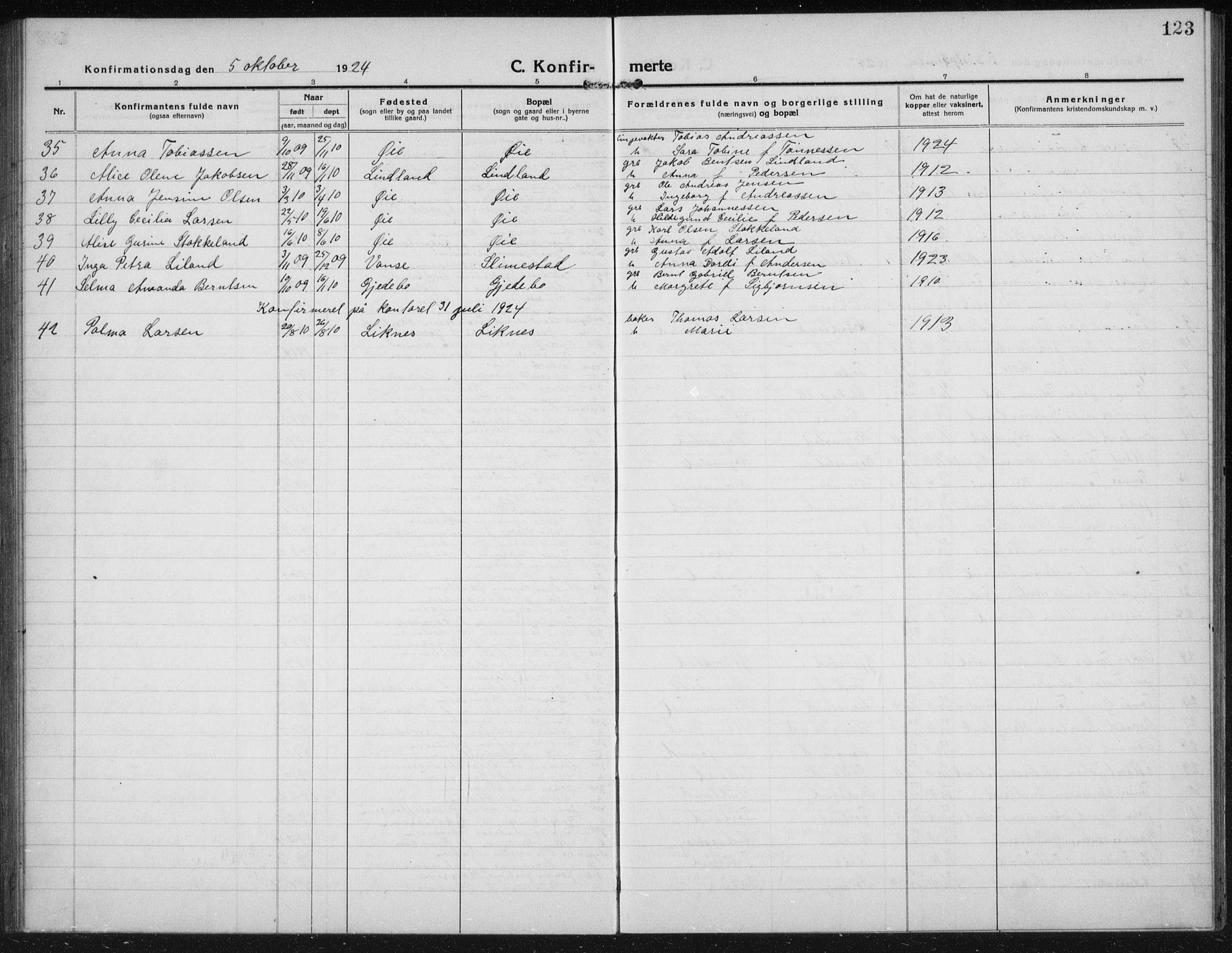 Kvinesdal sokneprestkontor, AV/SAK-1111-0026/F/Fb/Fbb/L0004: Parish register (copy) no. B 4, 1917-1938, p. 123