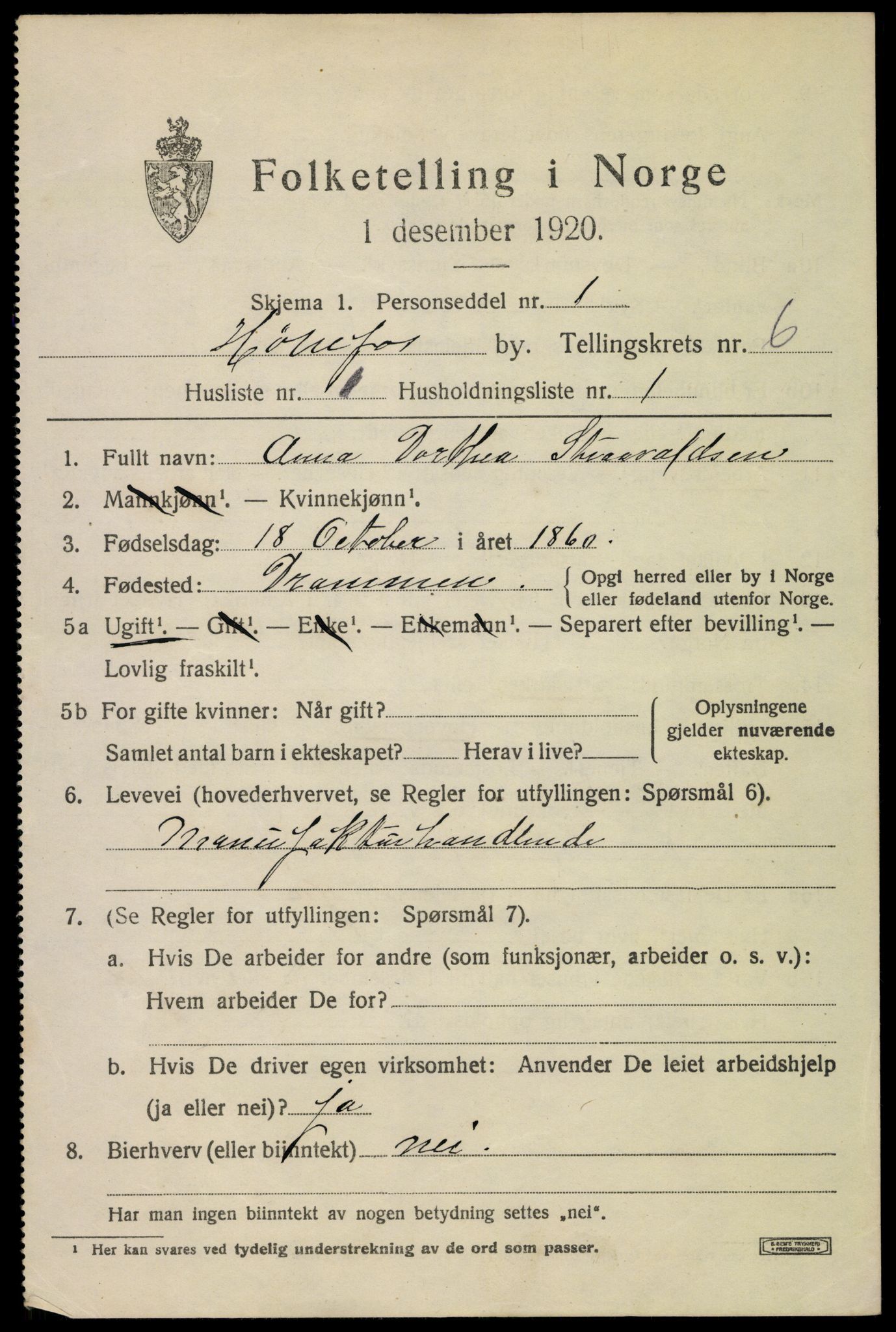 SAKO, 1920 census for Hønefoss, 1920, p. 6964