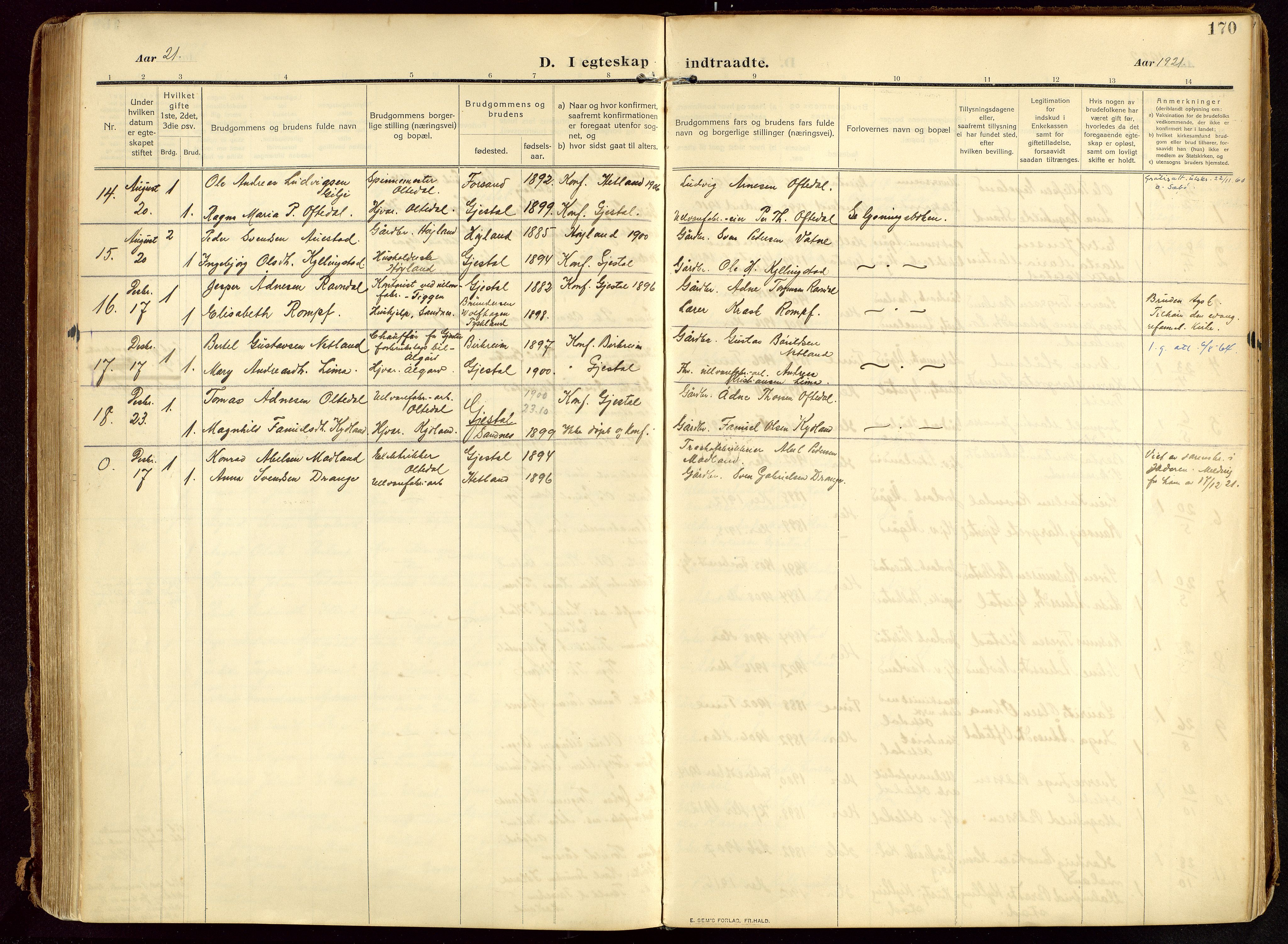 Lye sokneprestkontor, AV/SAST-A-101794/002/B/L0001: Parish register (official) no. A 13, 1910-1925, p. 170