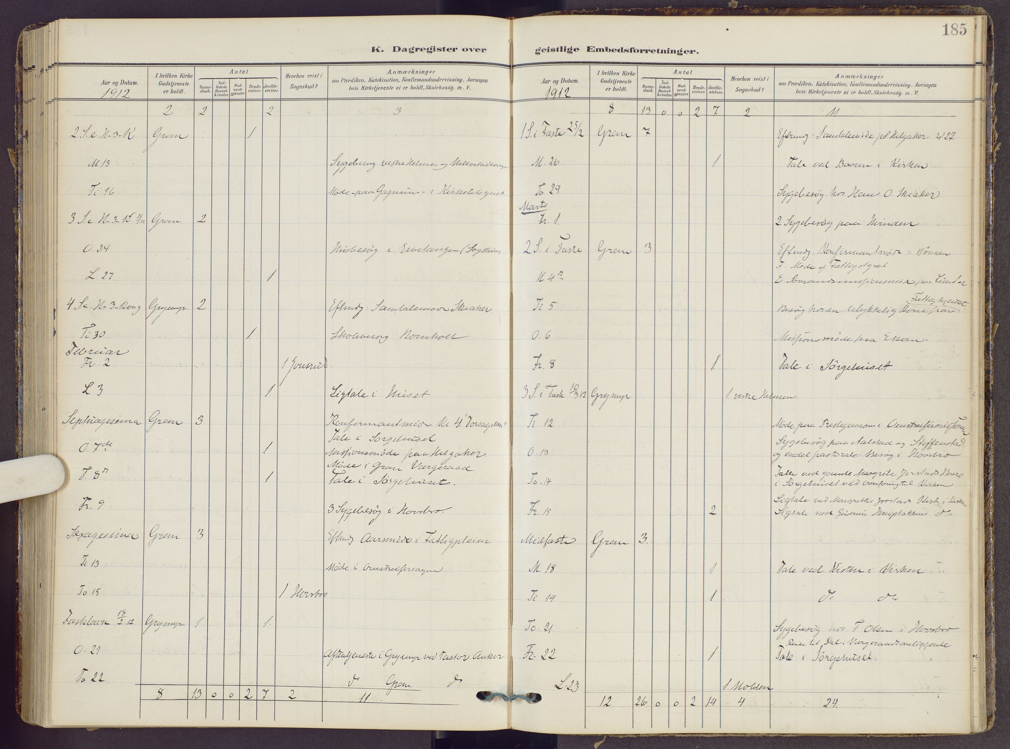 Gran prestekontor, SAH/PREST-112/H/Ha/Haa/L0022: Parish register (official) no. 22, 1908-1918, p. 185