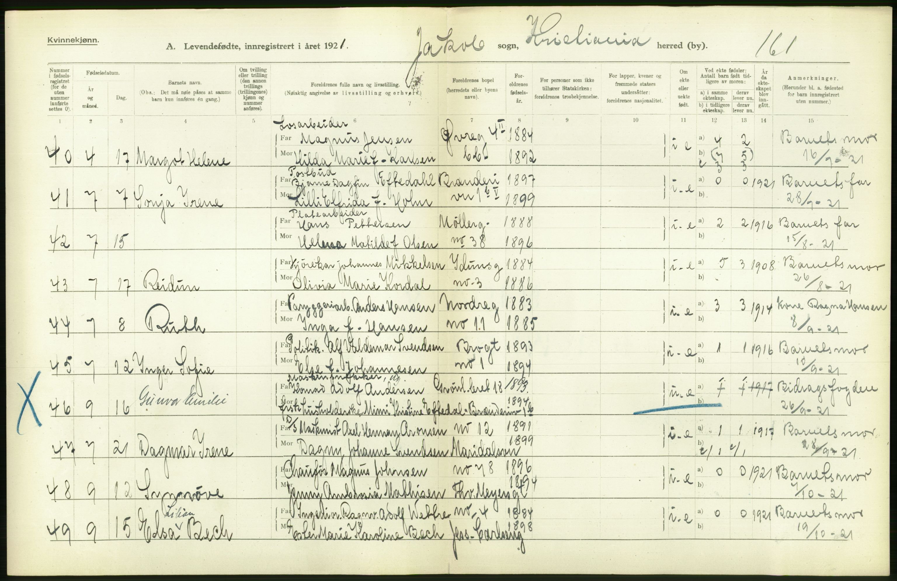 Statistisk sentralbyrå, Sosiodemografiske emner, Befolkning, RA/S-2228/D/Df/Dfc/Dfca/L0010: Kristiania: Levendefødte menn og kvinner., 1921, p. 434