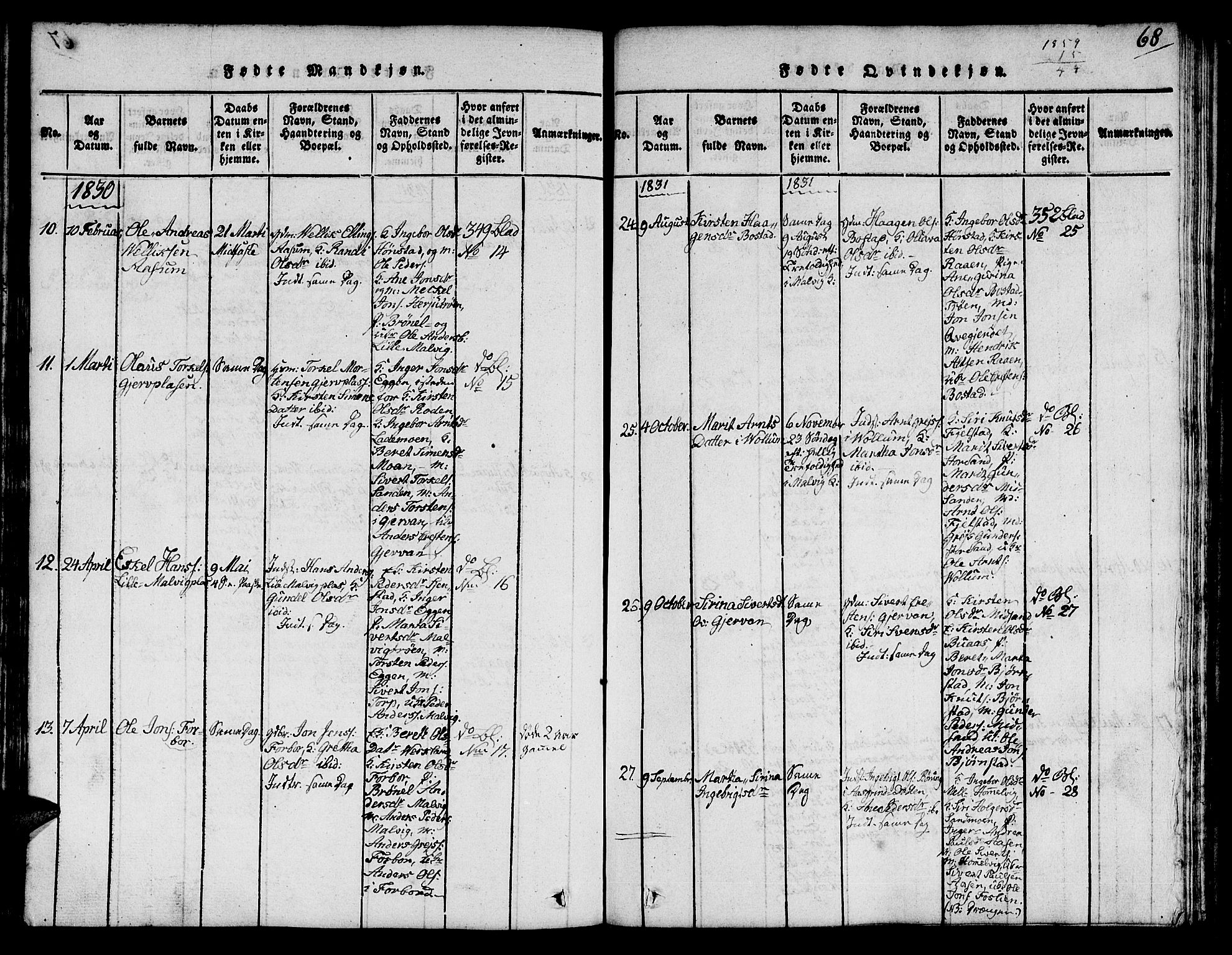 Ministerialprotokoller, klokkerbøker og fødselsregistre - Sør-Trøndelag, SAT/A-1456/616/L0420: Parish register (copy) no. 616C03, 1817-1835, p. 68