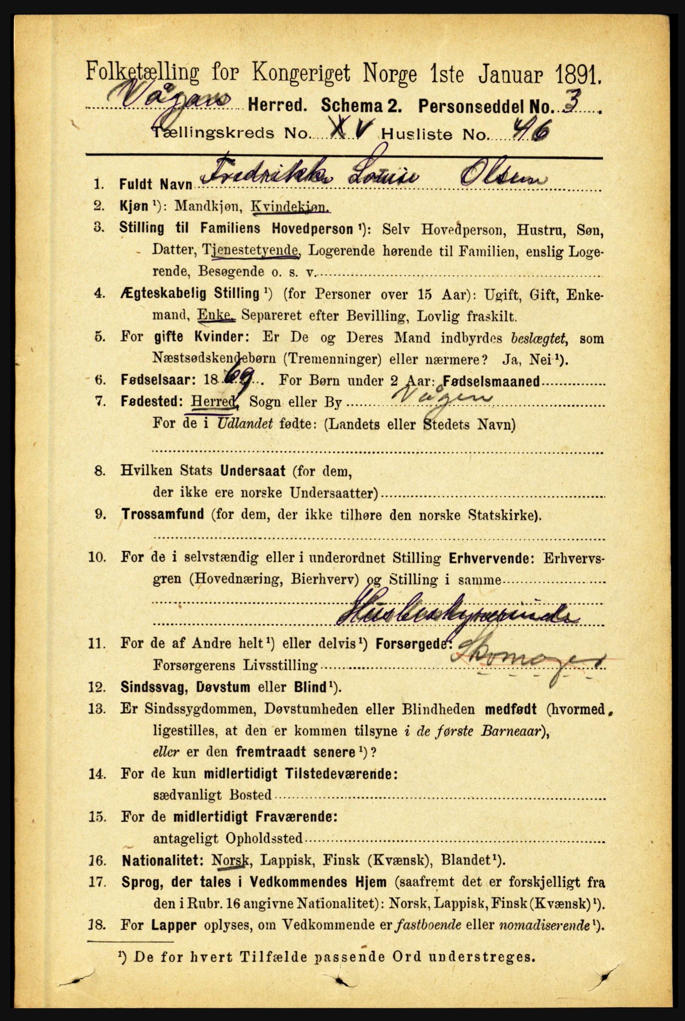 RA, 1891 census for 1865 Vågan, 1891, p. 4481