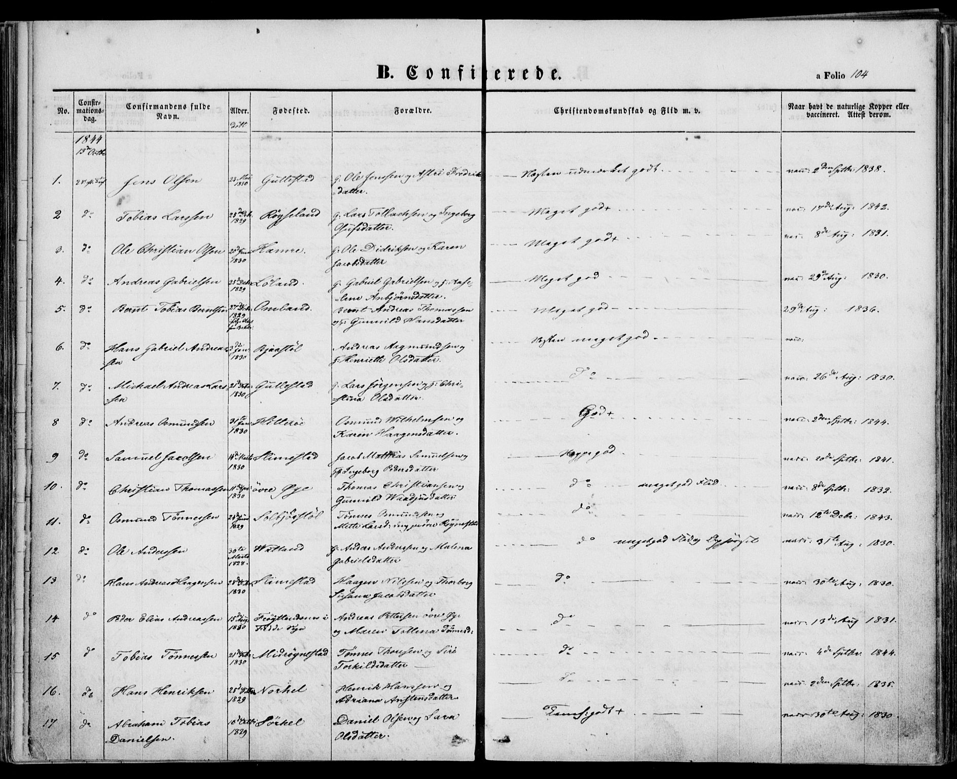 Kvinesdal sokneprestkontor, SAK/1111-0026/F/Fa/Fab/L0005: Parish register (official) no. A 5, 1844-1857, p. 104