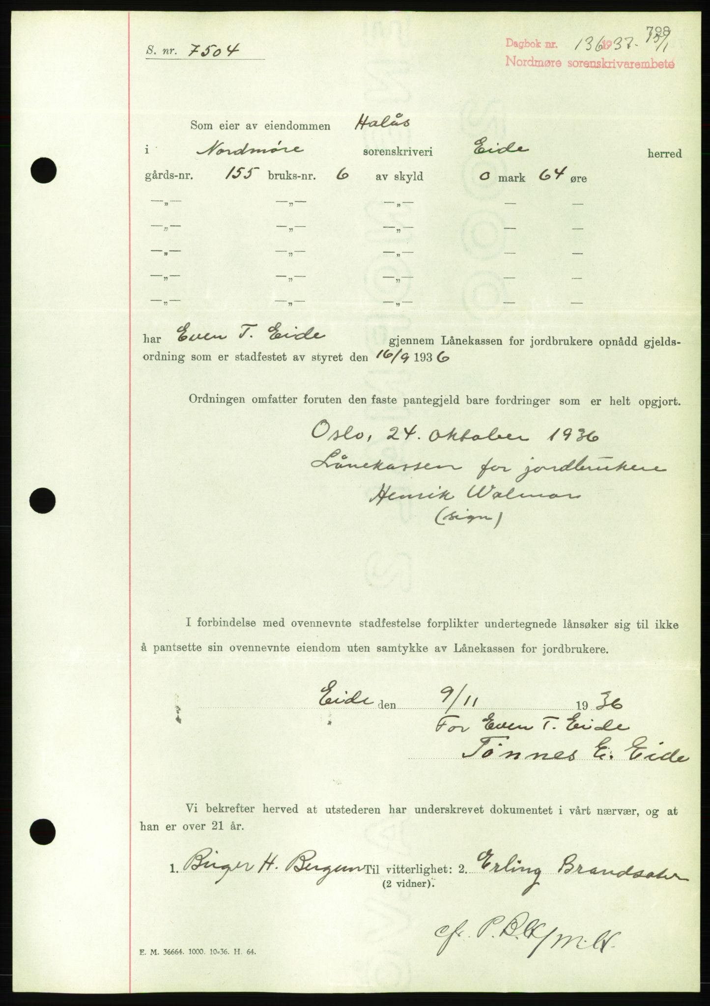 Nordmøre sorenskriveri, AV/SAT-A-4132/1/2/2Ca/L0090: Mortgage book no. B80, 1936-1937, Diary no: : 136/1937