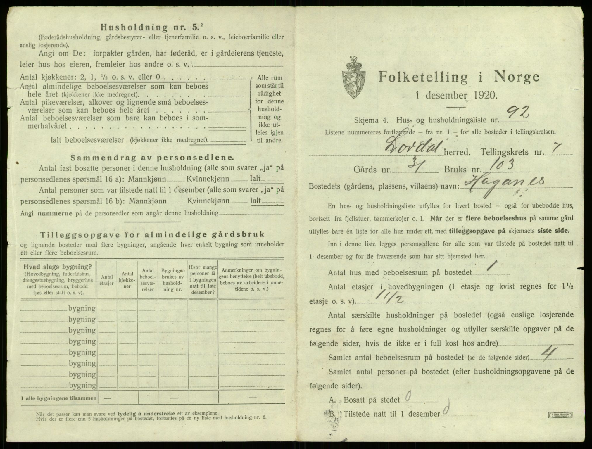 SAB, 1920 census for Lærdal, 1920, p. 713