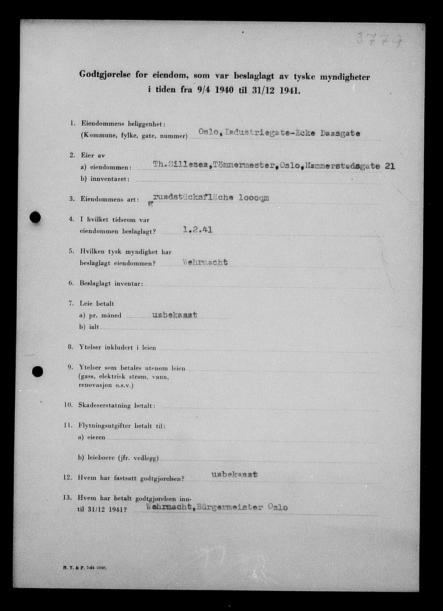 Justisdepartementet, Tilbakeføringskontoret for inndratte formuer, RA/S-1564/I/L1011: Godtgjørelse for beslaglagt eiendom, 1940-1941, p. 558