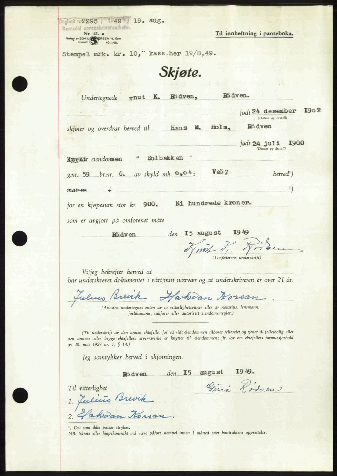 Romsdal sorenskriveri, AV/SAT-A-4149/1/2/2C: Mortgage book no. A30, 1949-1949, Diary no: : 2295/1949