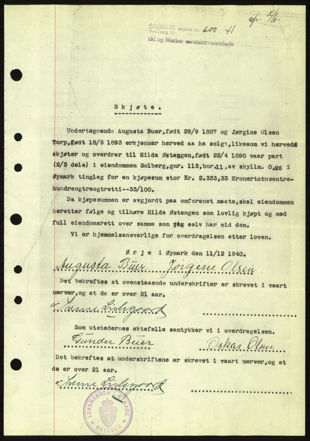 Idd og Marker sorenskriveri, AV/SAO-A-10283/G/Gb/Gbb/L0004: Mortgage book no. A4, 1940-1941, Diary no: : 600/1941