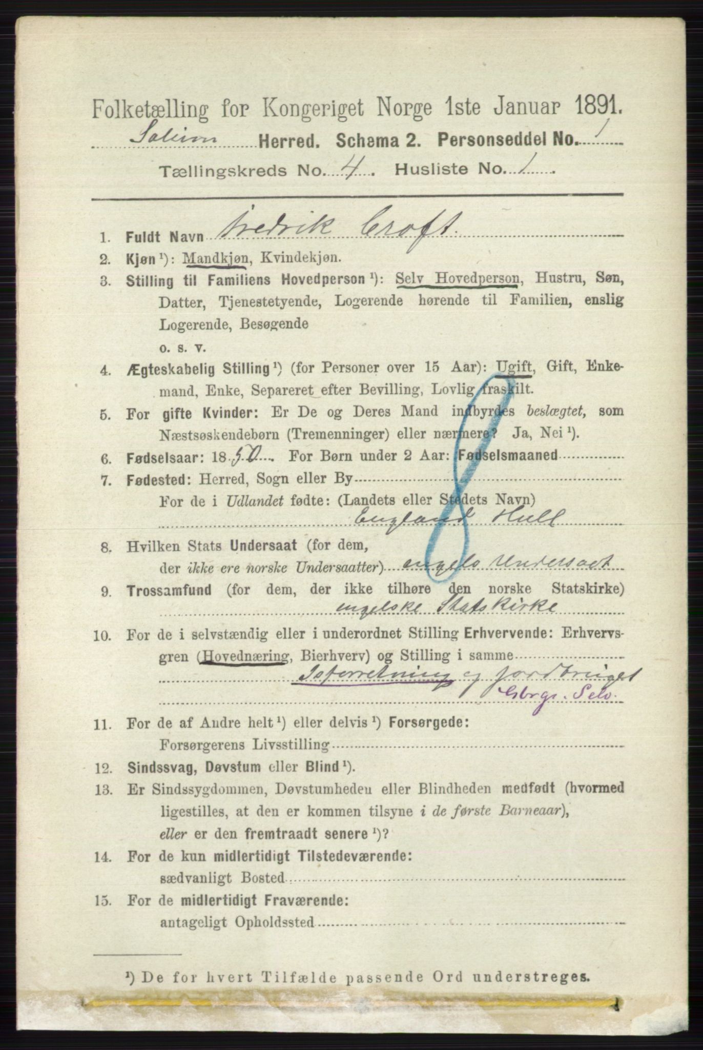 RA, 1891 census for 0818 Solum, 1891, p. 620