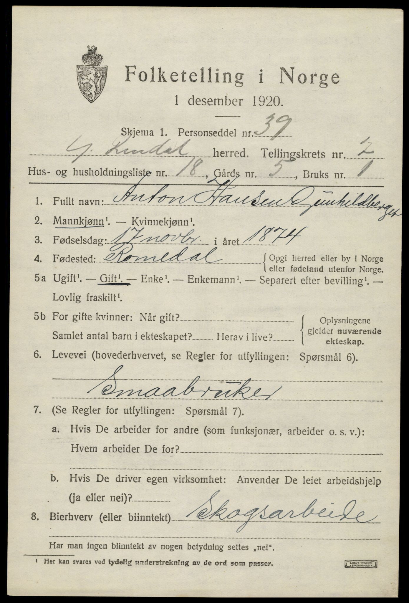 SAH, 1920 census for Ytre Rendal, 1920, p. 3911