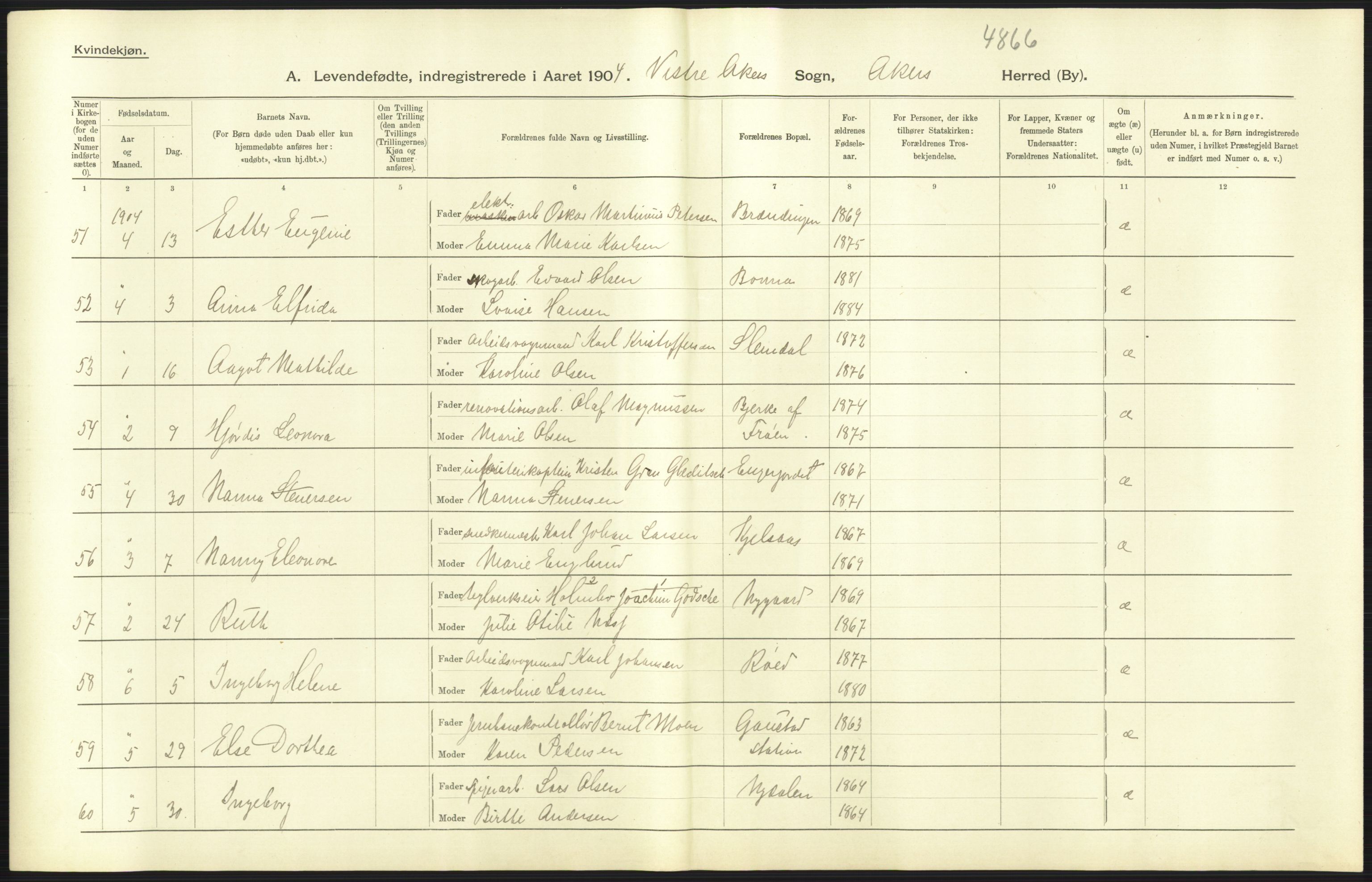 Statistisk sentralbyrå, Sosiodemografiske emner, Befolkning, AV/RA-S-2228/D/Df/Dfa/Dfab/L0002: Akershus amt: Fødte, gifte, døde, 1904, p. 417