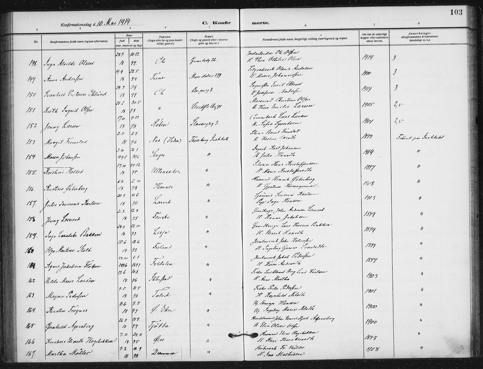 Sagene prestekontor Kirkebøker, SAO/A-10796/F/L0008: Parish register (official) no. 8, 1910-1919, p. 103