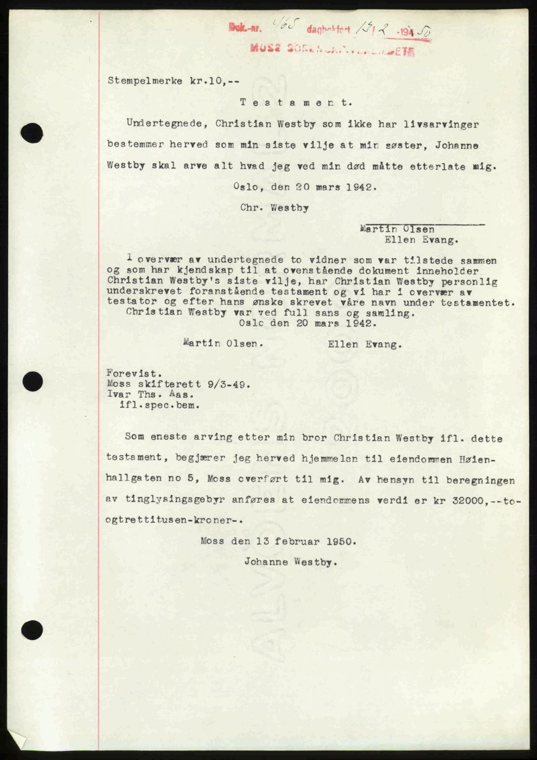 Moss sorenskriveri, SAO/A-10168: Mortgage book no. A25, 1950-1950, Diary no: : 465/1950