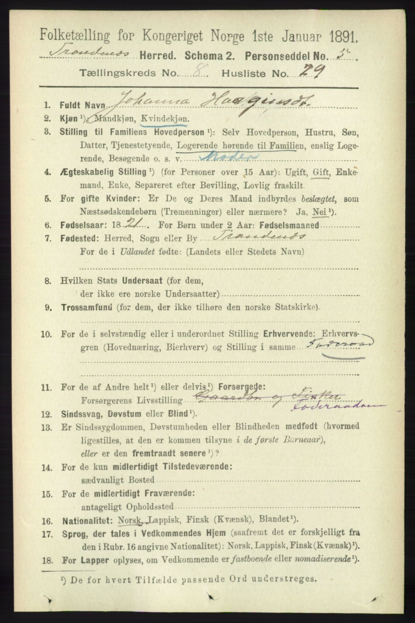 RA, 1891 census for 1914 Trondenes, 1891, p. 5959