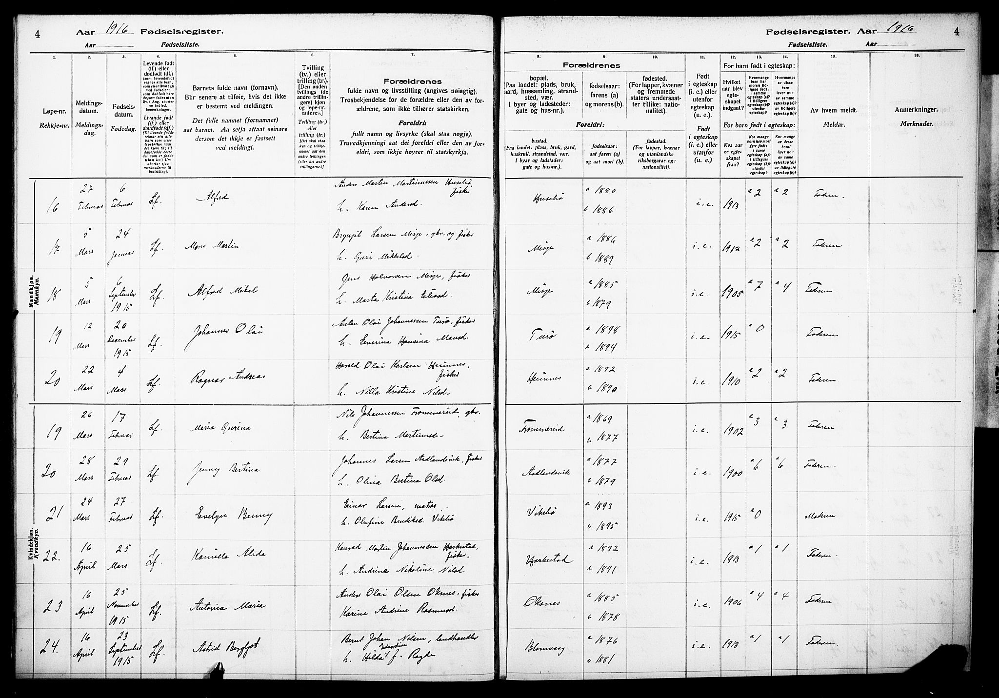 Herdla Sokneprestembete, SAB/A-75701/I/Id/L00A1: Birth register no. A 1, 1916-1929, p. 4