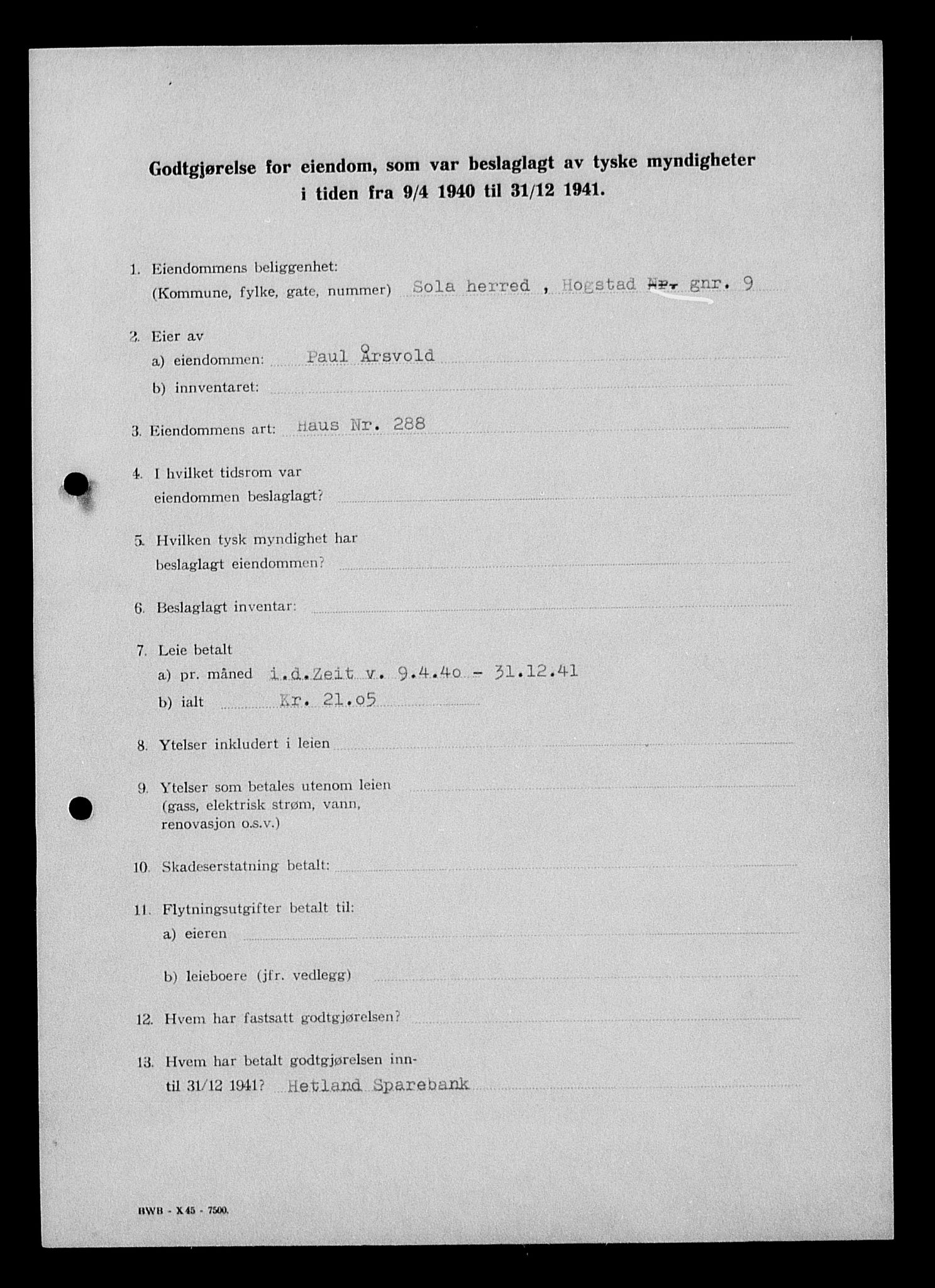 Justisdepartementet, Tilbakeføringskontoret for inndratte formuer, AV/RA-S-1564/I/L1015: Godtgjørelse for beslaglagt eiendom, 1940-1941, p. 428