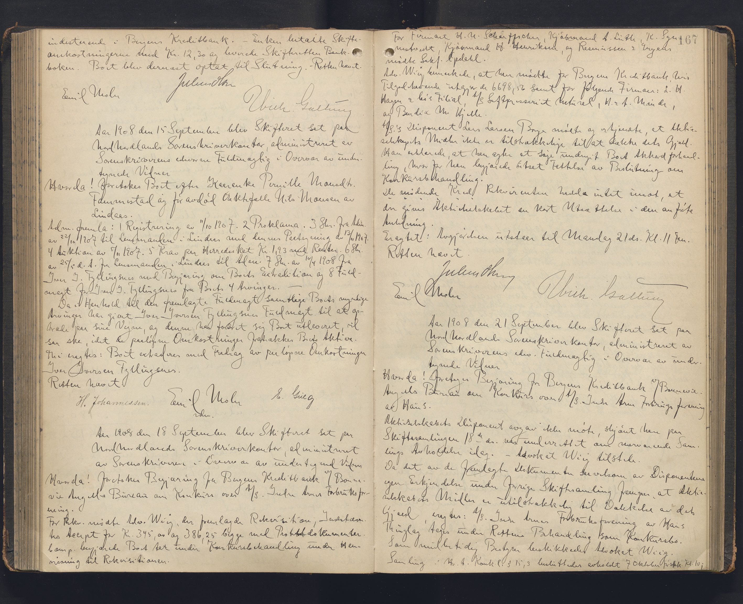 Nordhordland sorenskrivar, AV/SAB-A-2901/1/H/Hc/L0005: Skifteforhandlingsprotokollar, 1902-1911, p. 167