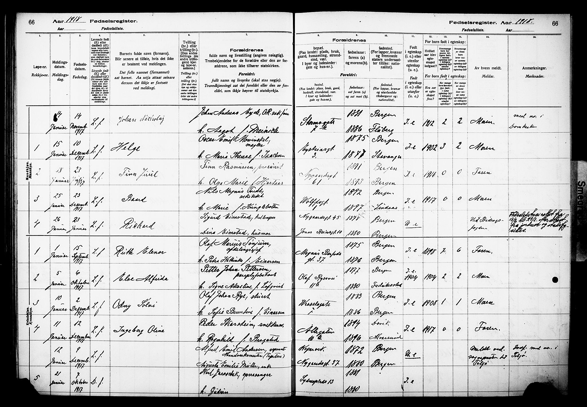 Johanneskirken sokneprestembete, SAB/A-76001/I/Id/L00A1: Birth register no. A 1, 1916-1924, p. 66
