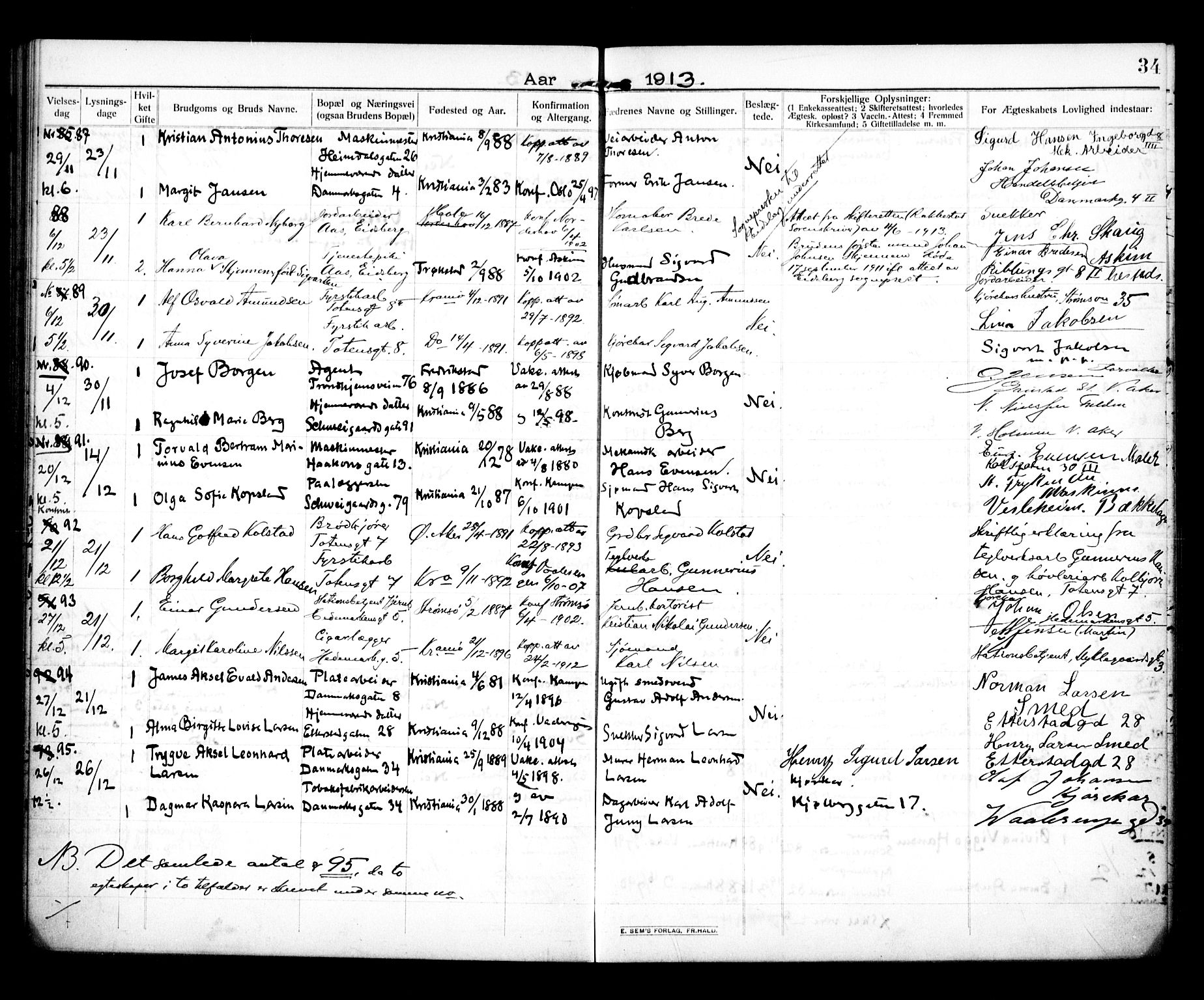 Vålerengen prestekontor Kirkebøker, SAO/A-10878/H/Ha/L0002: Banns register no. 2, 1910-1918, p. 34