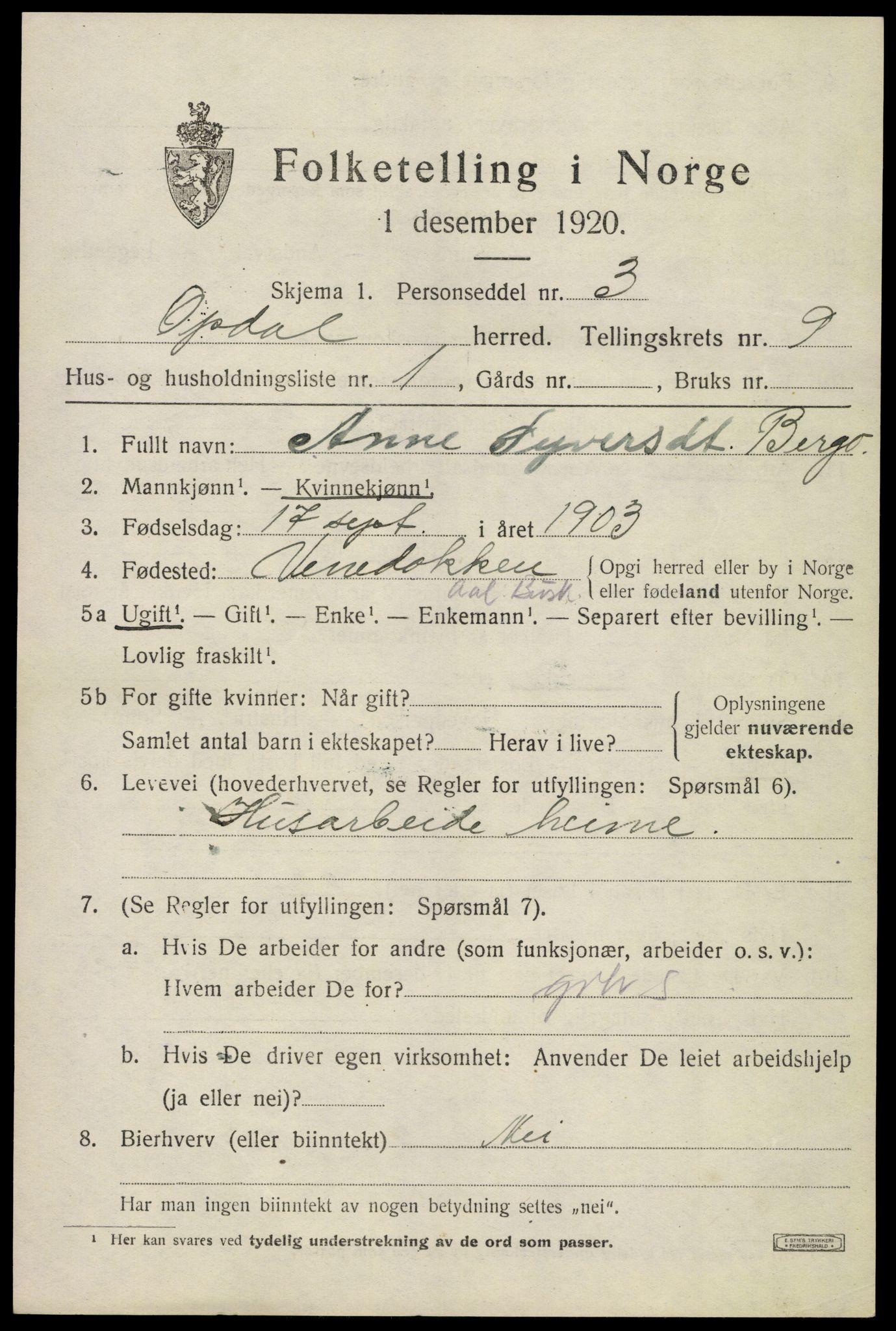 SAKO, 1920 census for Uvdal, 1920, p. 3433