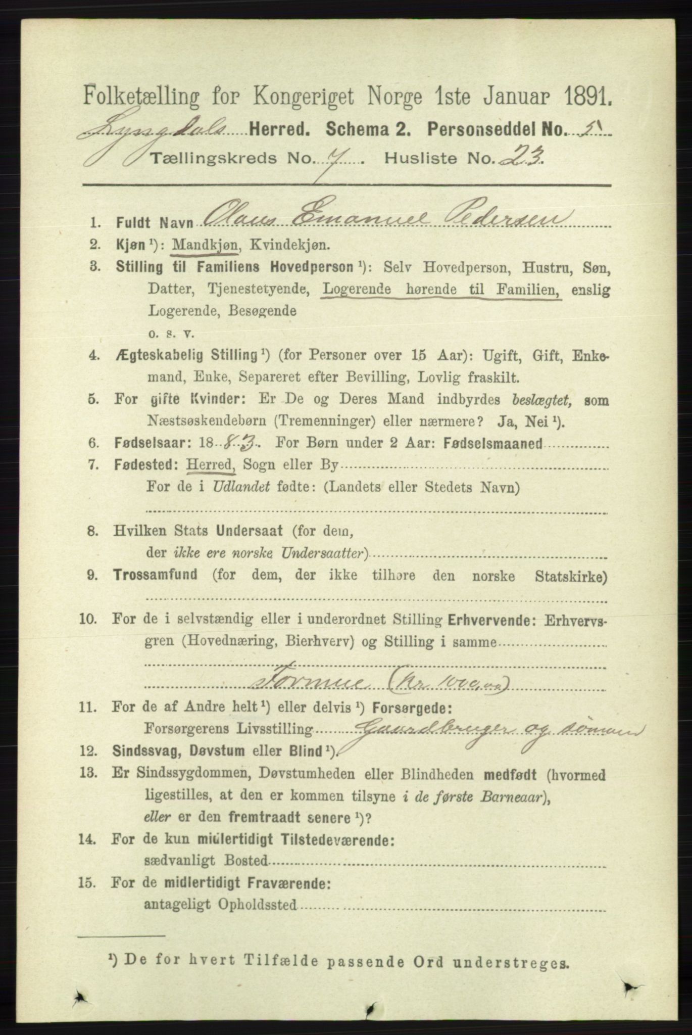 RA, 1891 census for 1032 Lyngdal, 1891, p. 3045