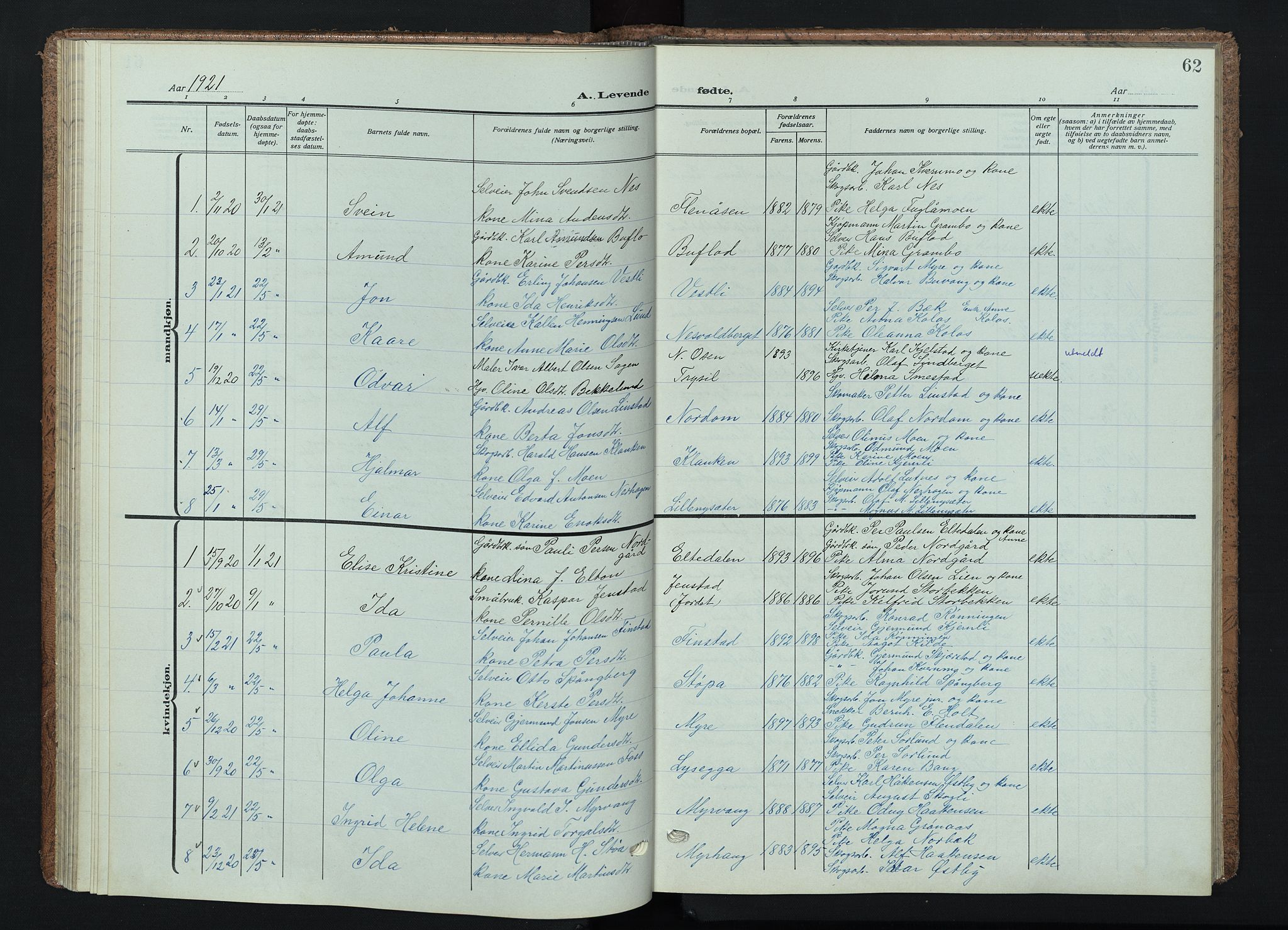 Trysil prestekontor, AV/SAH-PREST-046/H/Ha/Haa/L0015: Parish register (official) no. 15, 1913-1934, p. 62