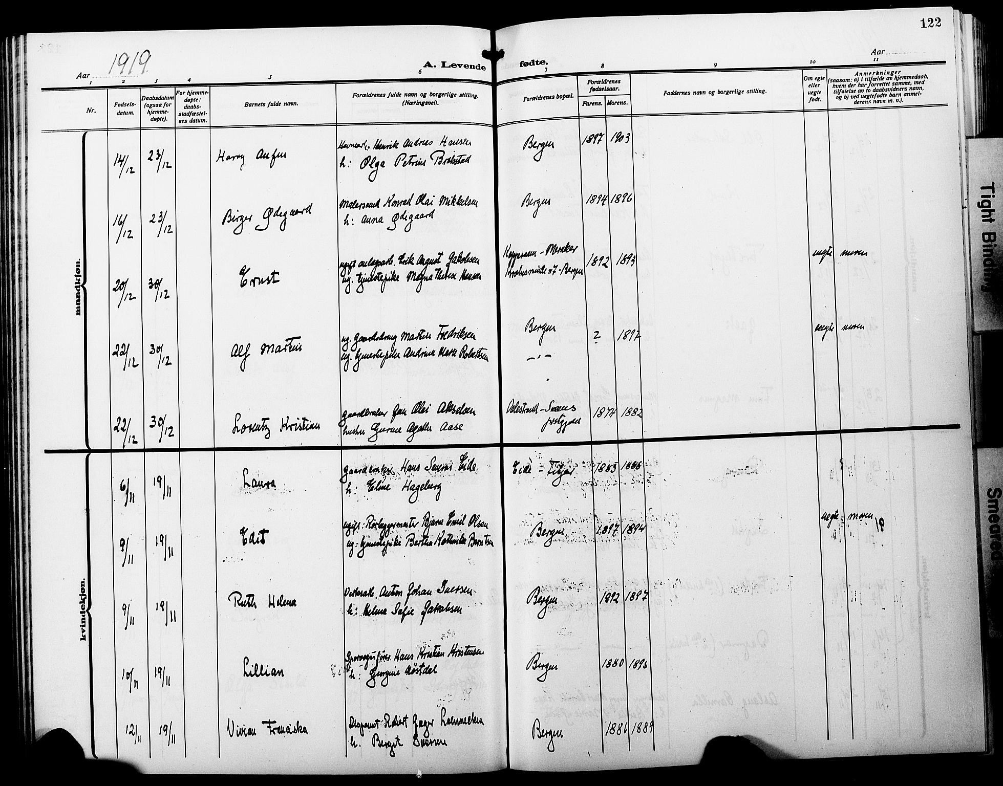 Fødselsstiftelsens sokneprestembete*, SAB/-: Parish register (copy) no. A 3, 1916-1925, p. 122