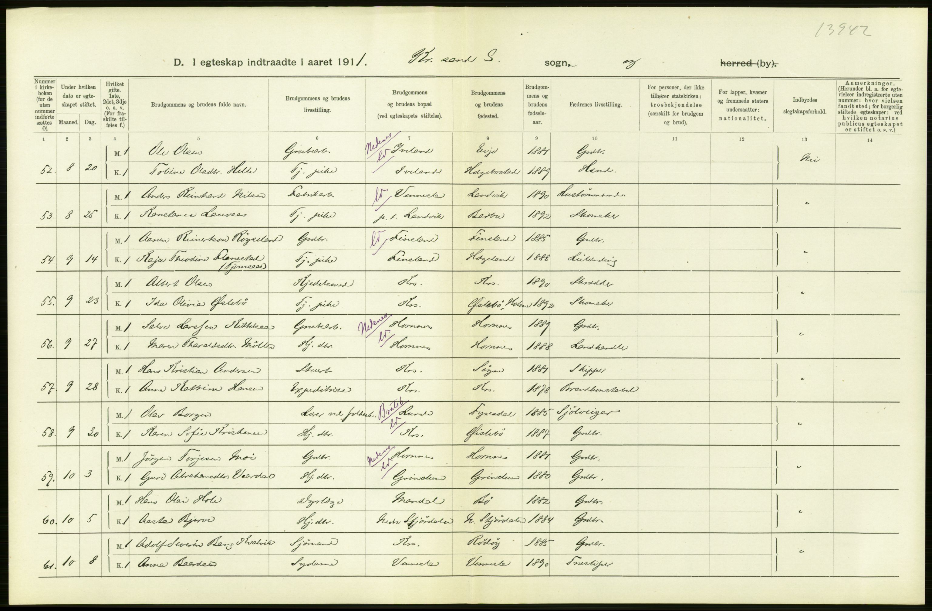 Statistisk sentralbyrå, Sosiodemografiske emner, Befolkning, AV/RA-S-2228/D/Df/Dfb/Dfba/L0024: Lister og Mandals amt:  Gifte, døde, dødfødte. Bygder og byer., 1911, p. 372