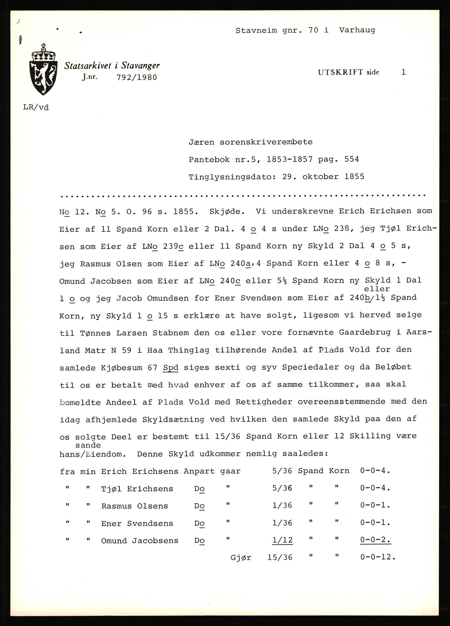 Statsarkivet i Stavanger, AV/SAST-A-101971/03/Y/Yj/L0080: Avskrifter sortert etter gårdsnavn: Stave - Stokke, 1750-1930, p. 154