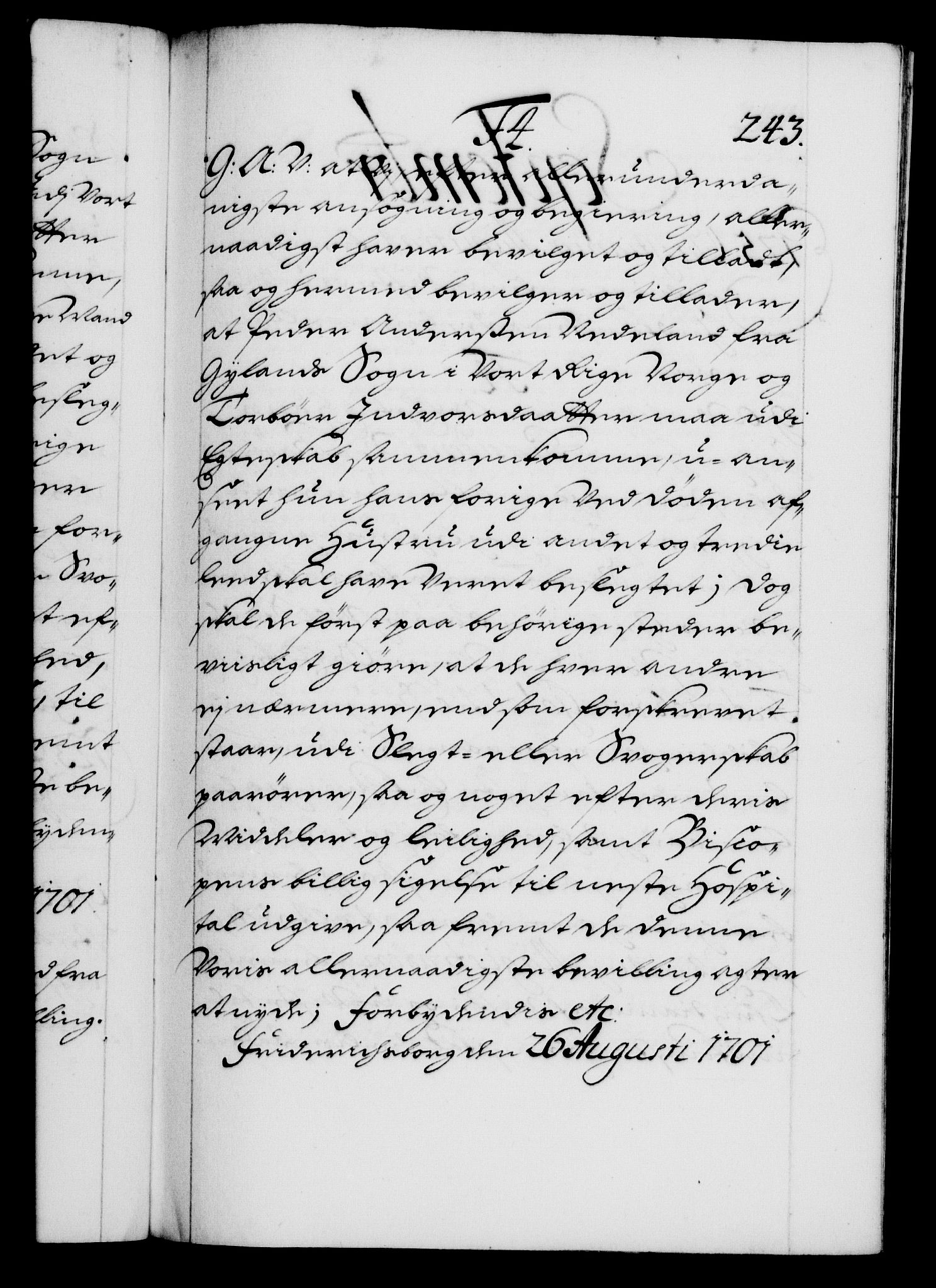 Danske Kanselli 1572-1799, RA/EA-3023/F/Fc/Fca/Fcaa/L0018: Norske registre, 1699-1703, p. 243a