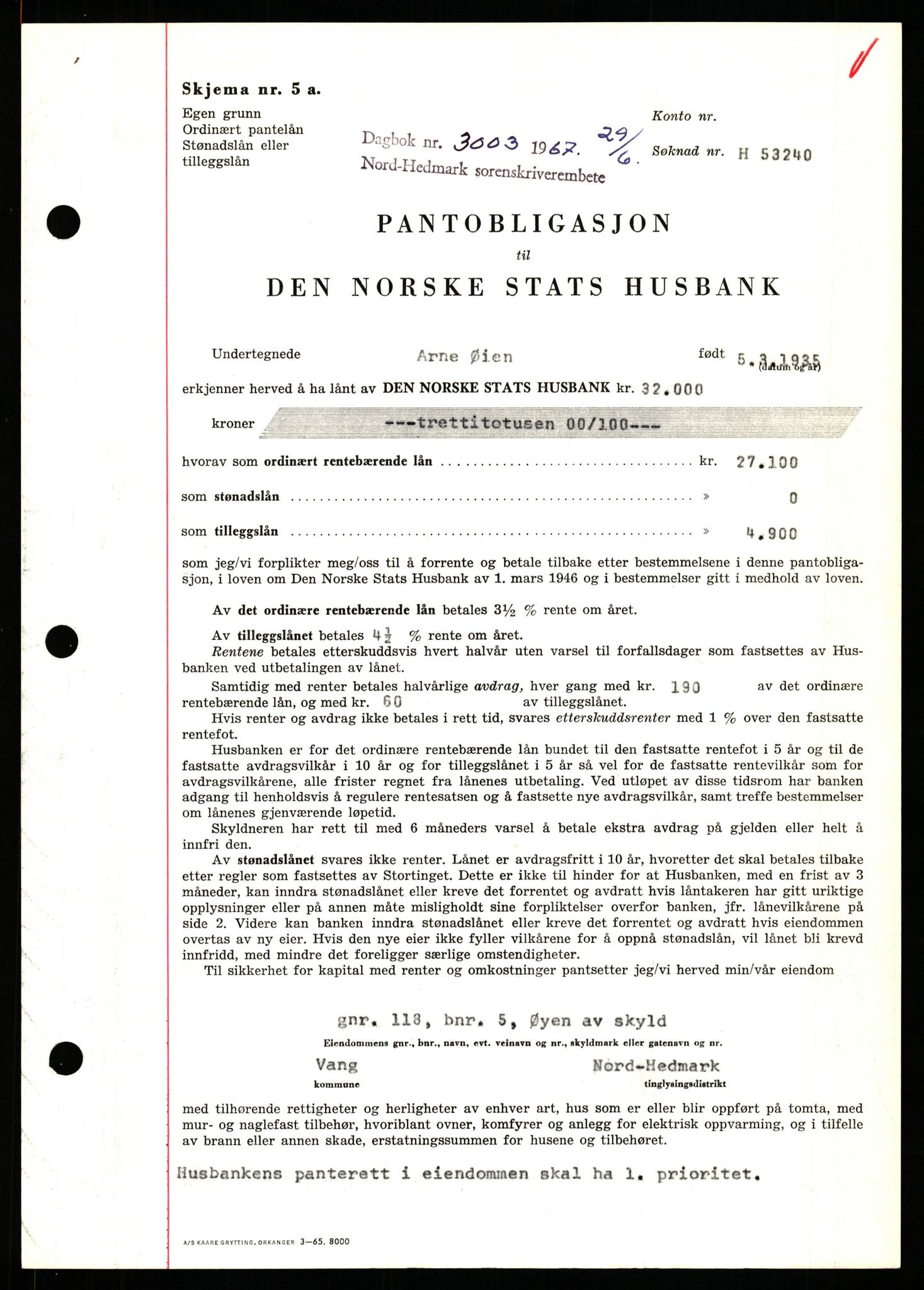 Nord-Hedmark sorenskriveri, SAH/TING-012/H/Hb/Hbf/L0071: Mortgage book no. B71, 1967-1967, Diary no: : 3003/1967