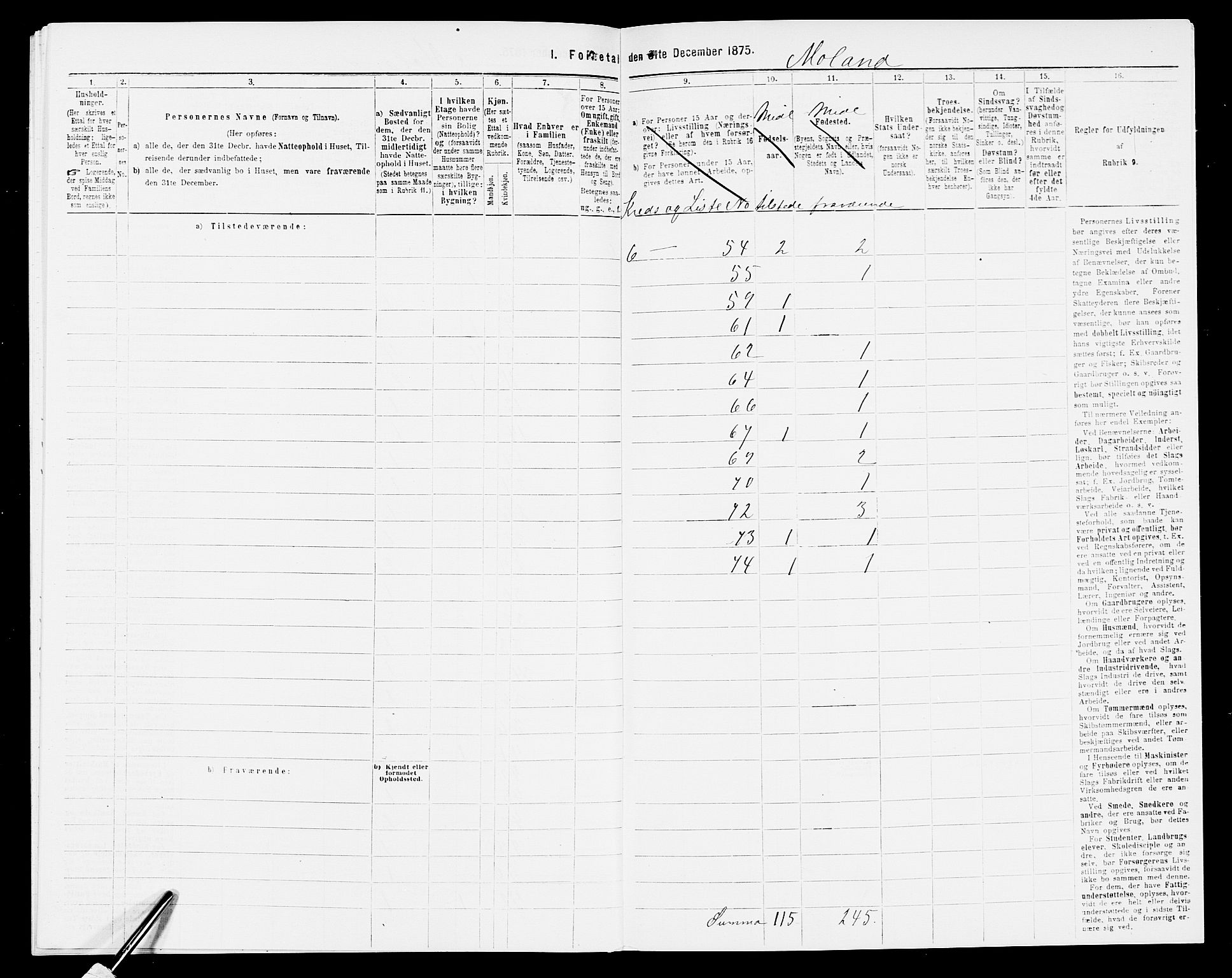 SAK, 1875 census for 0926L Vestre Moland/Vestre Moland, 1875, p. 38