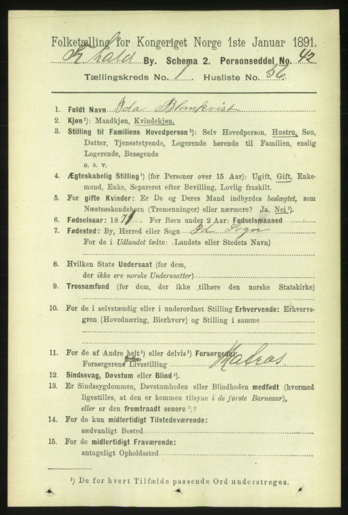 RA, 1891 census for 0101 Fredrikshald, 1891, p. 2470