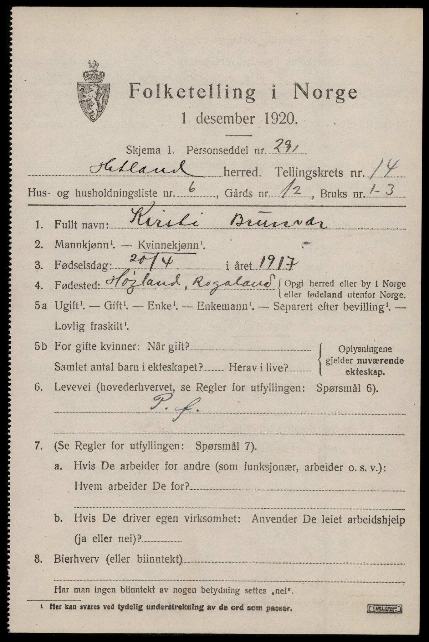 SAST, 1920 census for Hetland, 1920, p. 22797