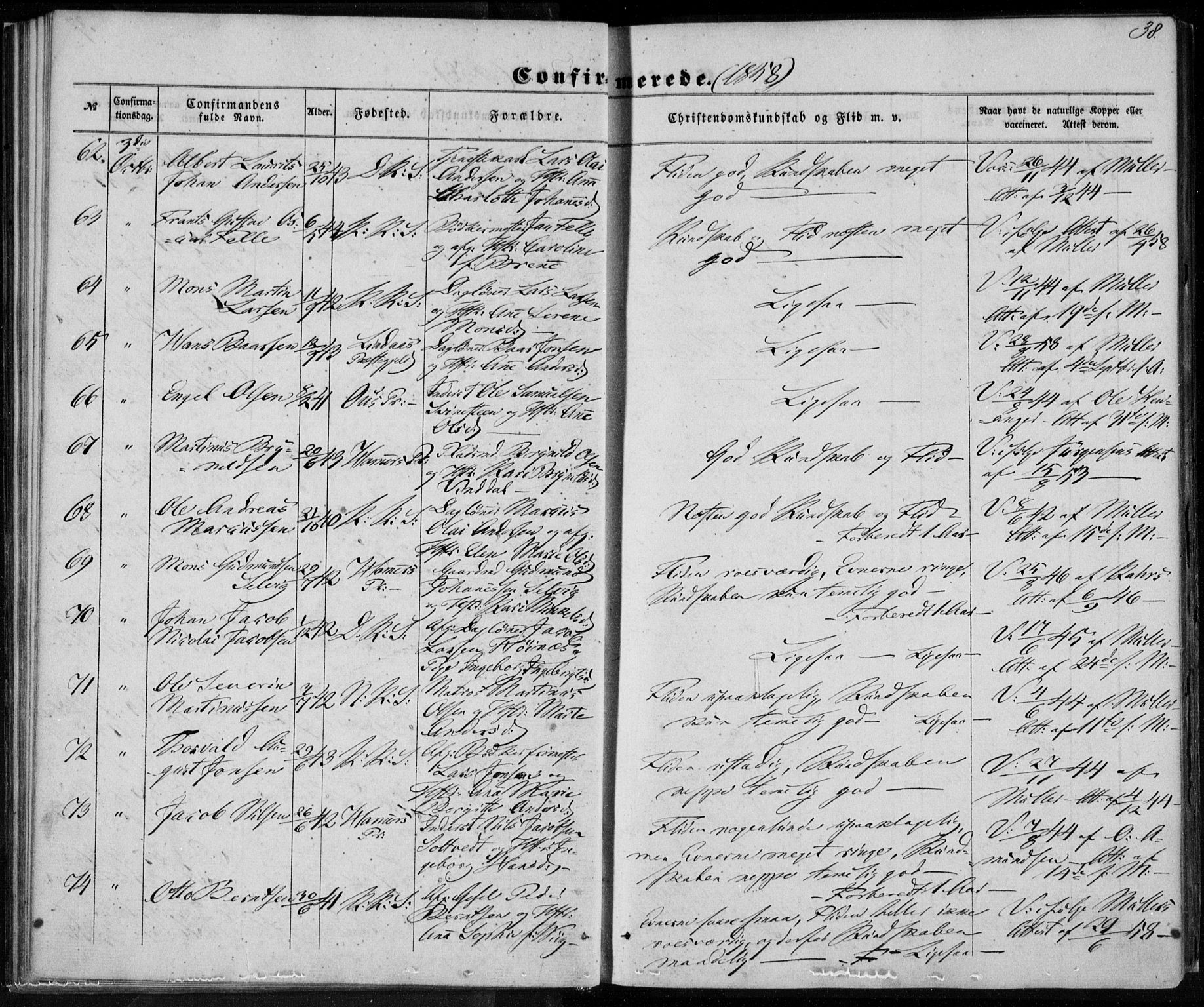 Korskirken sokneprestembete, SAB/A-76101/H/Haa/L0027: Parish register (official) no. C 3, 1854-1868, p. 38