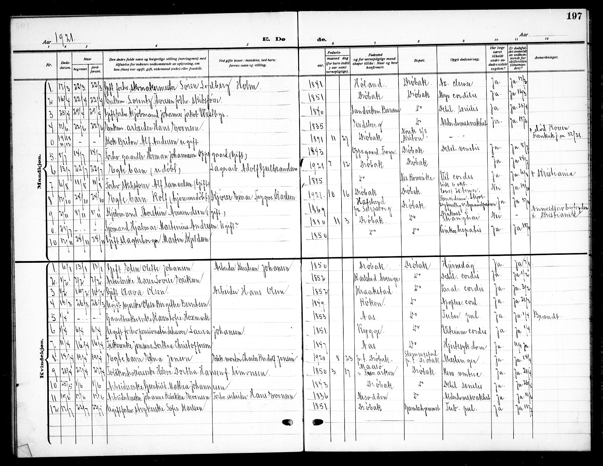 Drøbak prestekontor Kirkebøker, AV/SAO-A-10142a/G/Ga/L0002: Parish register (copy) no. I 2, 1917-1932, p. 197