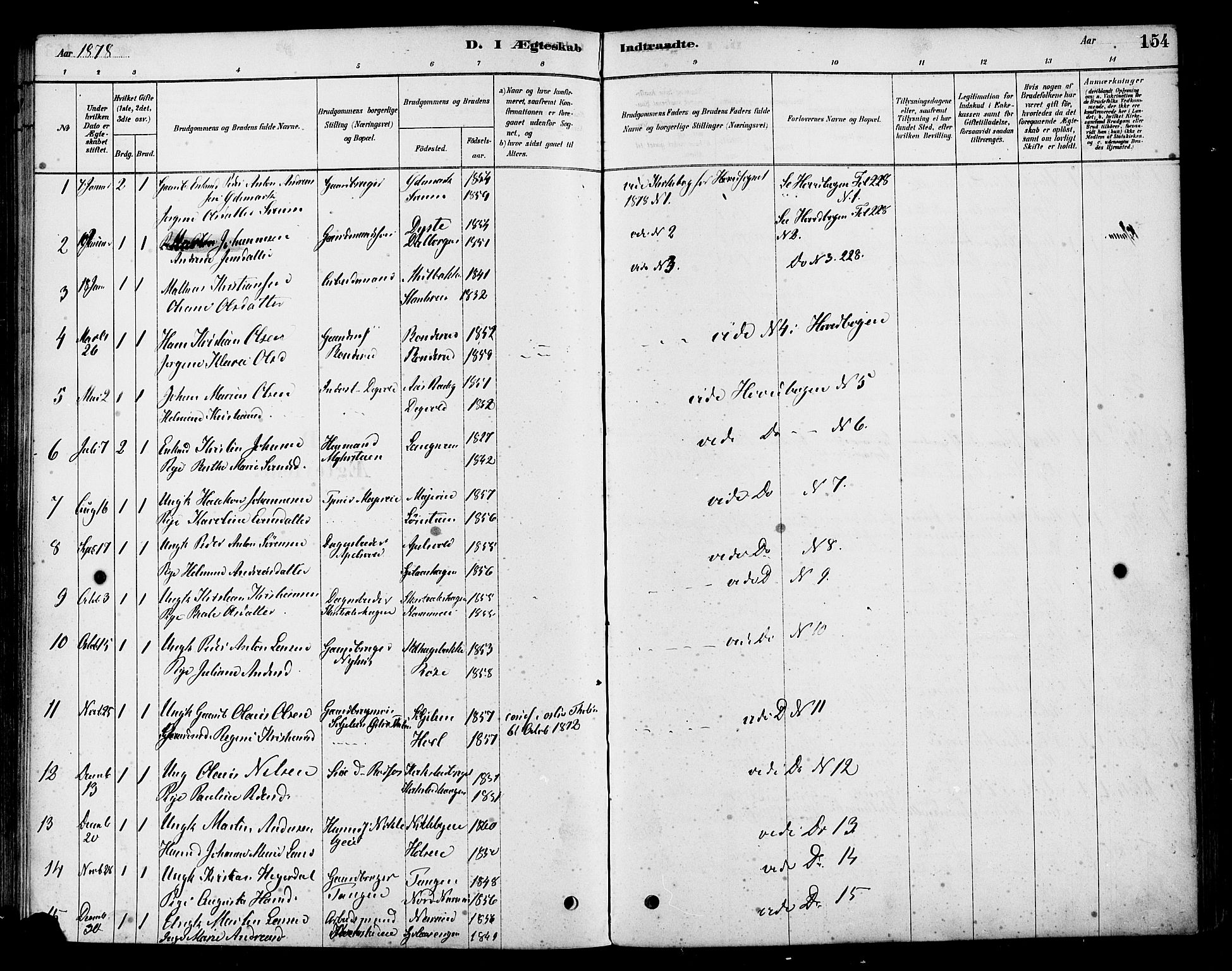Vestre Toten prestekontor, SAH/PREST-108/H/Ha/Haa/L0010: Parish register (official) no. 10, 1878-1894, p. 154