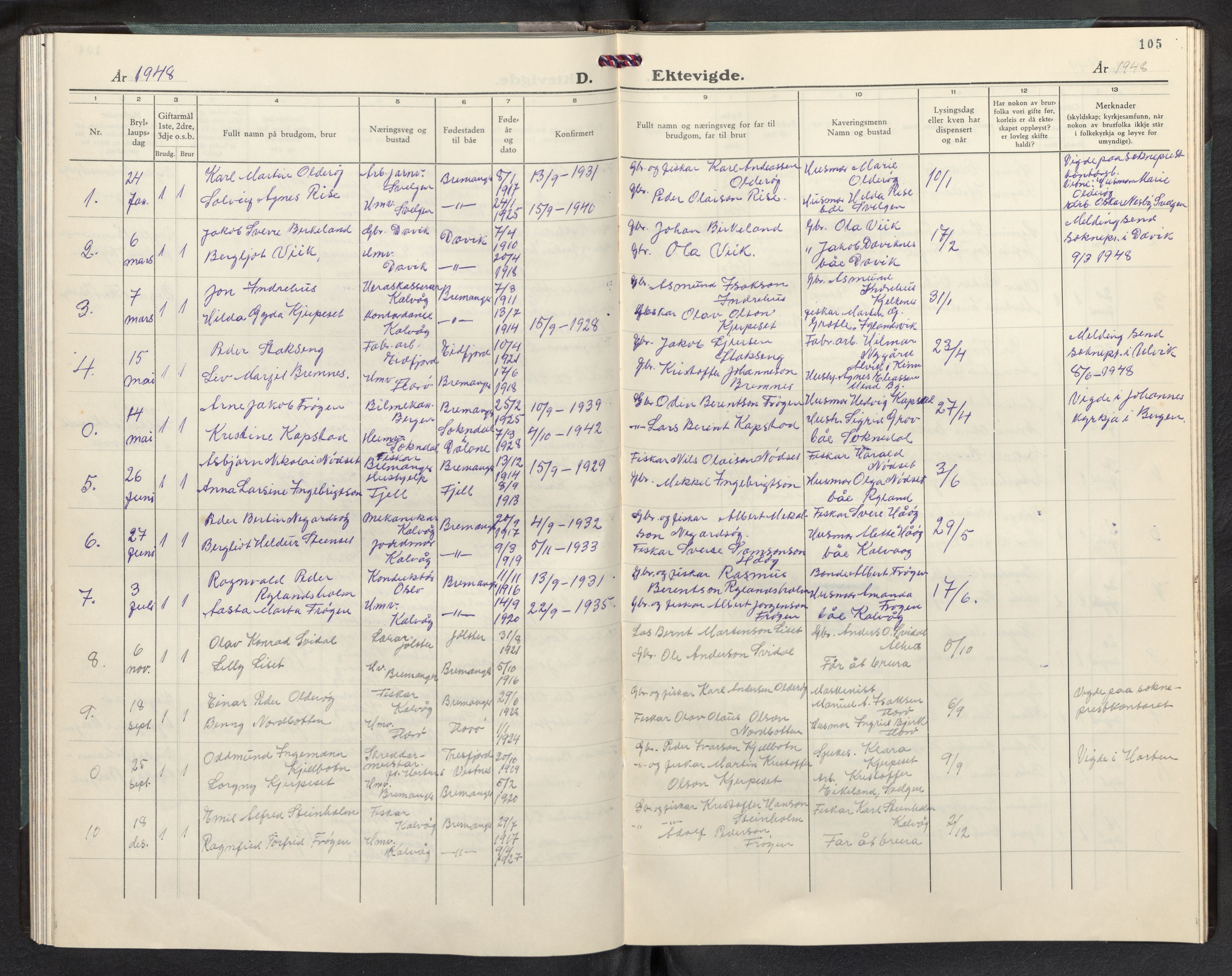 Bremanger sokneprestembete, AV/SAB-A-82201/H/Hab/Habb/L0003: Parish register (copy) no. B 3, 1946-1957, p. 104b-105a