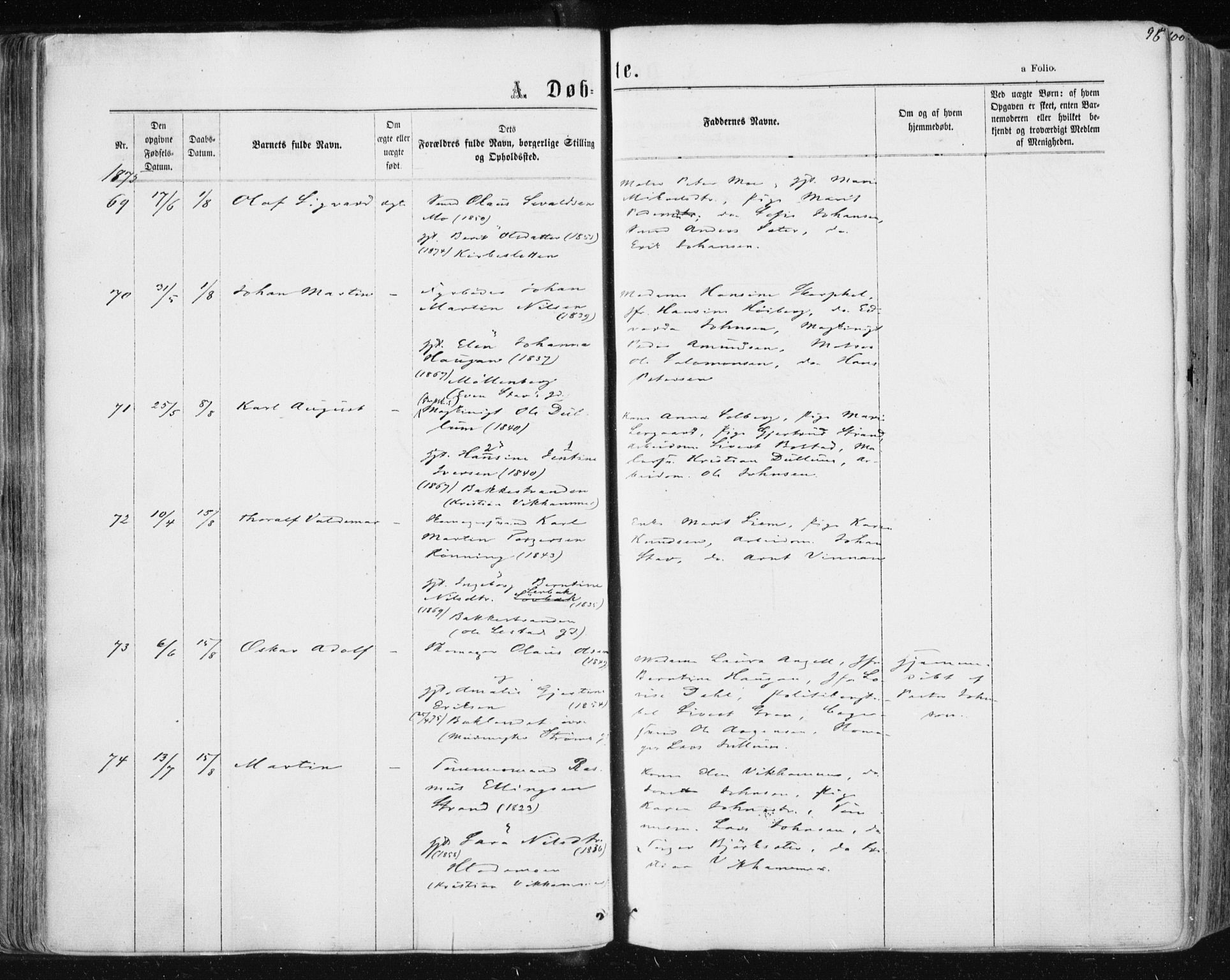 Ministerialprotokoller, klokkerbøker og fødselsregistre - Sør-Trøndelag, SAT/A-1456/604/L0186: Parish register (official) no. 604A07, 1866-1877, p. 96