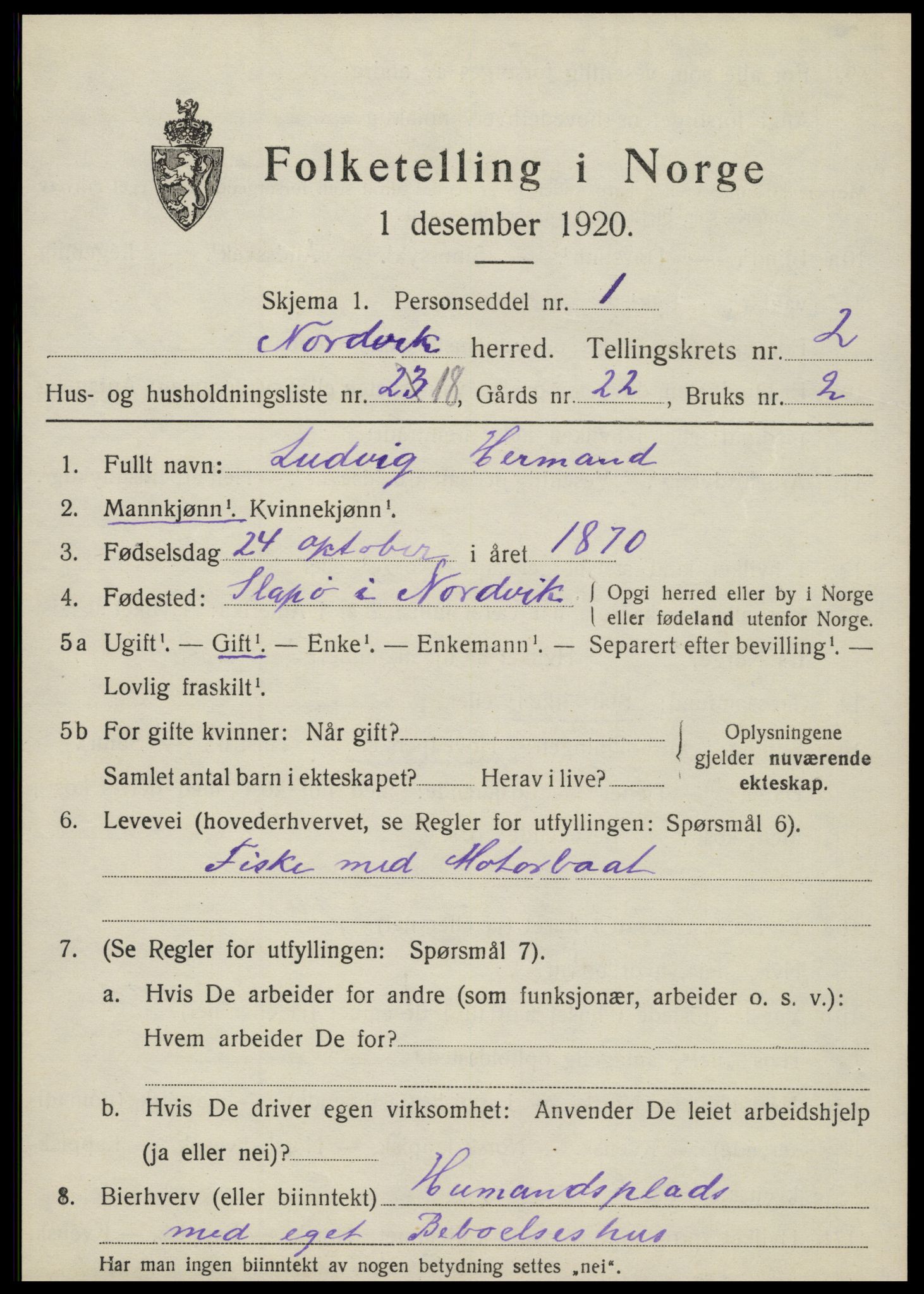 SAT, 1920 census for Nordvik, 1920, p. 1274