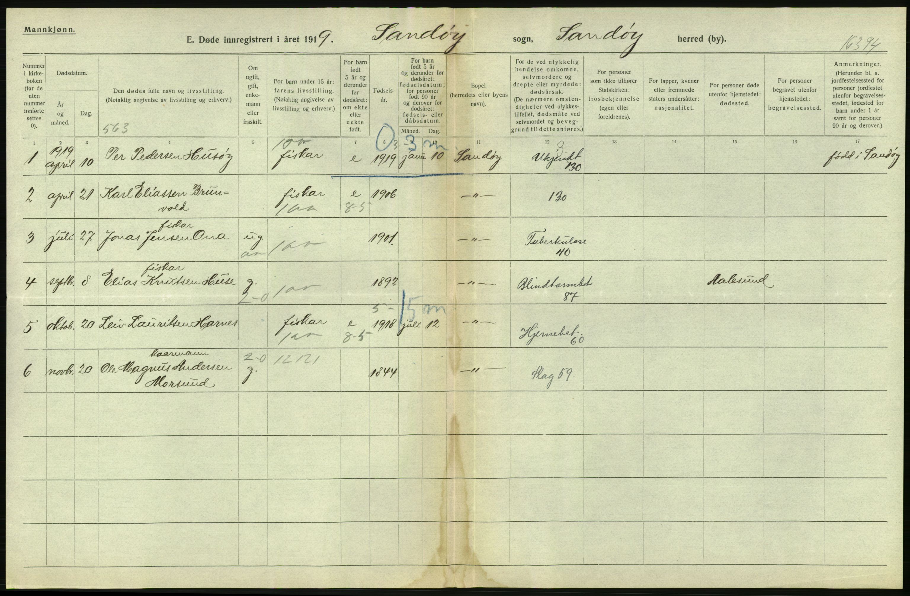 Statistisk sentralbyrå, Sosiodemografiske emner, Befolkning, AV/RA-S-2228/D/Df/Dfb/Dfbi/L0042: Møre fylke: Døde. Bygder og byer., 1919, p. 142