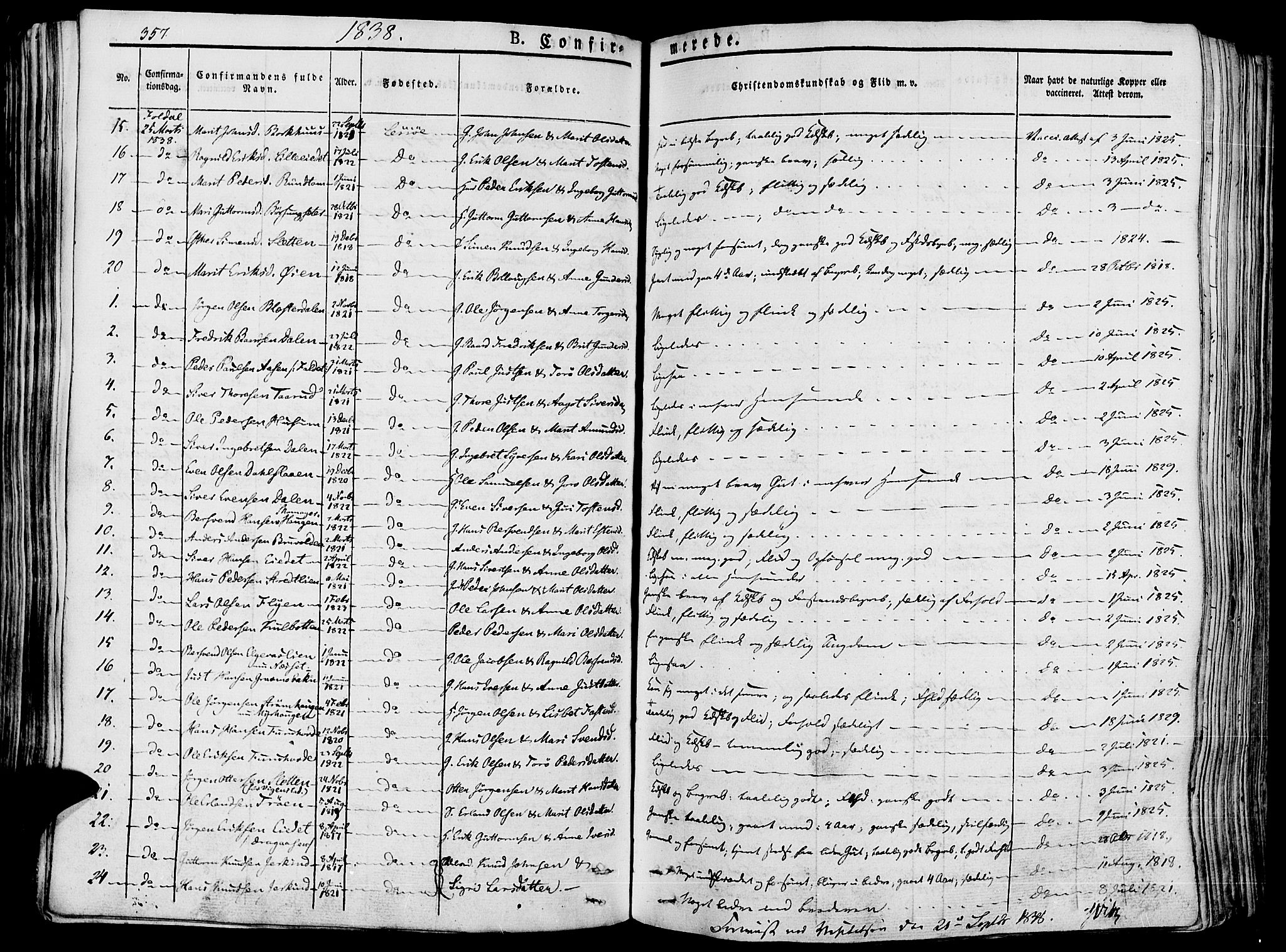 Lesja prestekontor, SAH/PREST-068/H/Ha/Haa/L0005: Parish register (official) no. 5, 1830-1842, p. 357