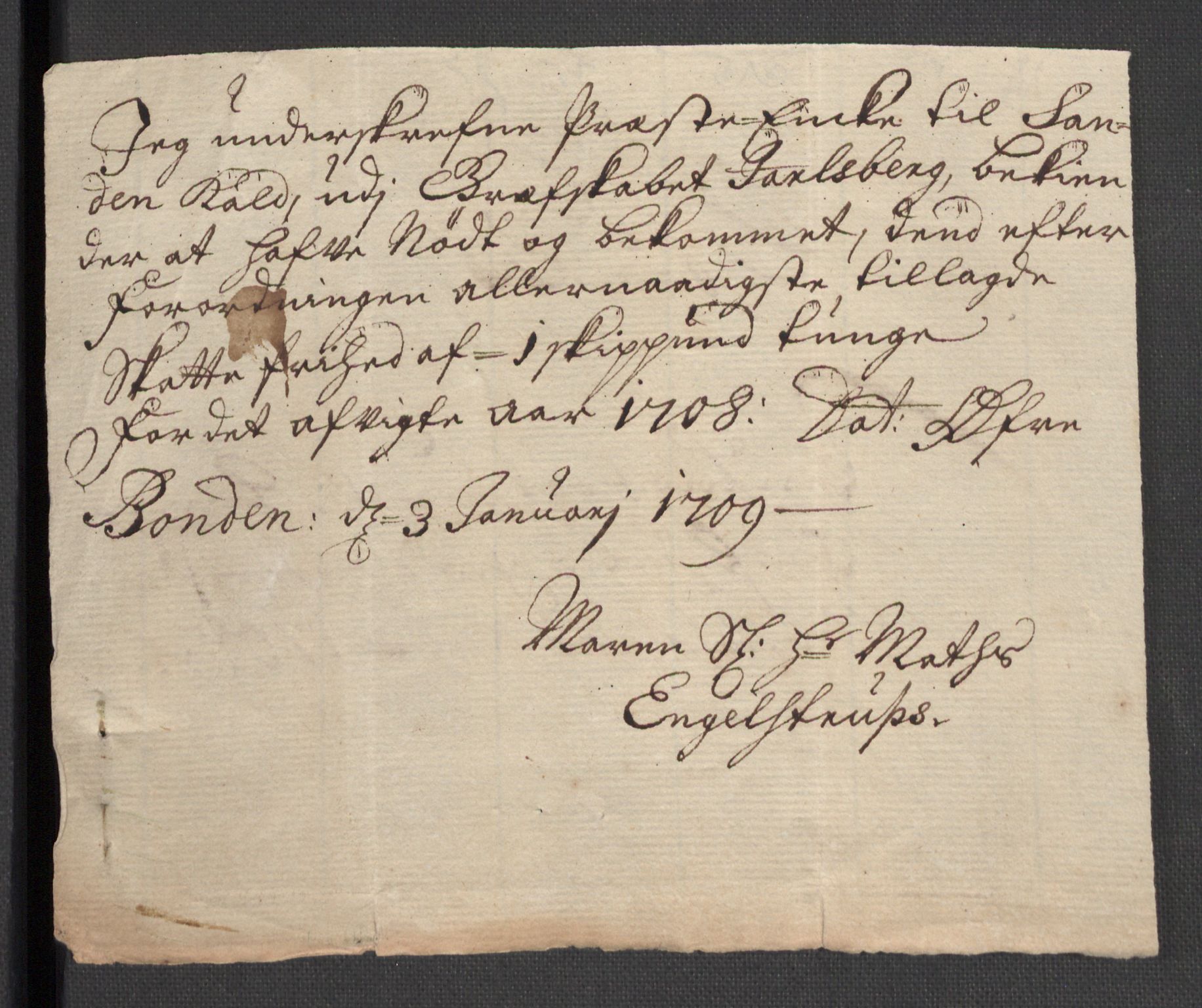 Rentekammeret inntil 1814, Reviderte regnskaper, Fogderegnskap, AV/RA-EA-4092/R32/L1873: Fogderegnskap Jarlsberg grevskap, 1708, p. 267