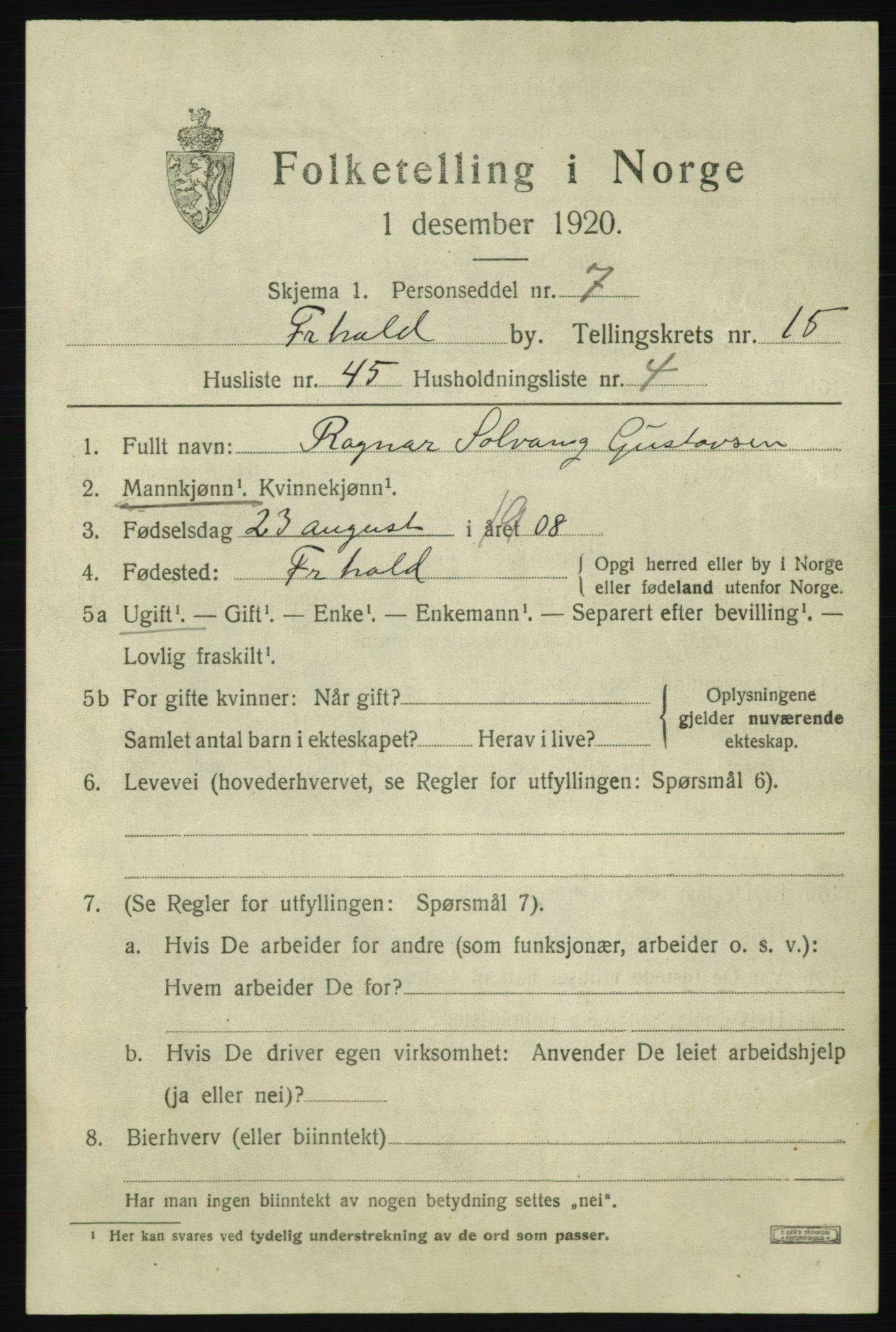 SAO, 1920 census for Fredrikshald, 1920, p. 24274