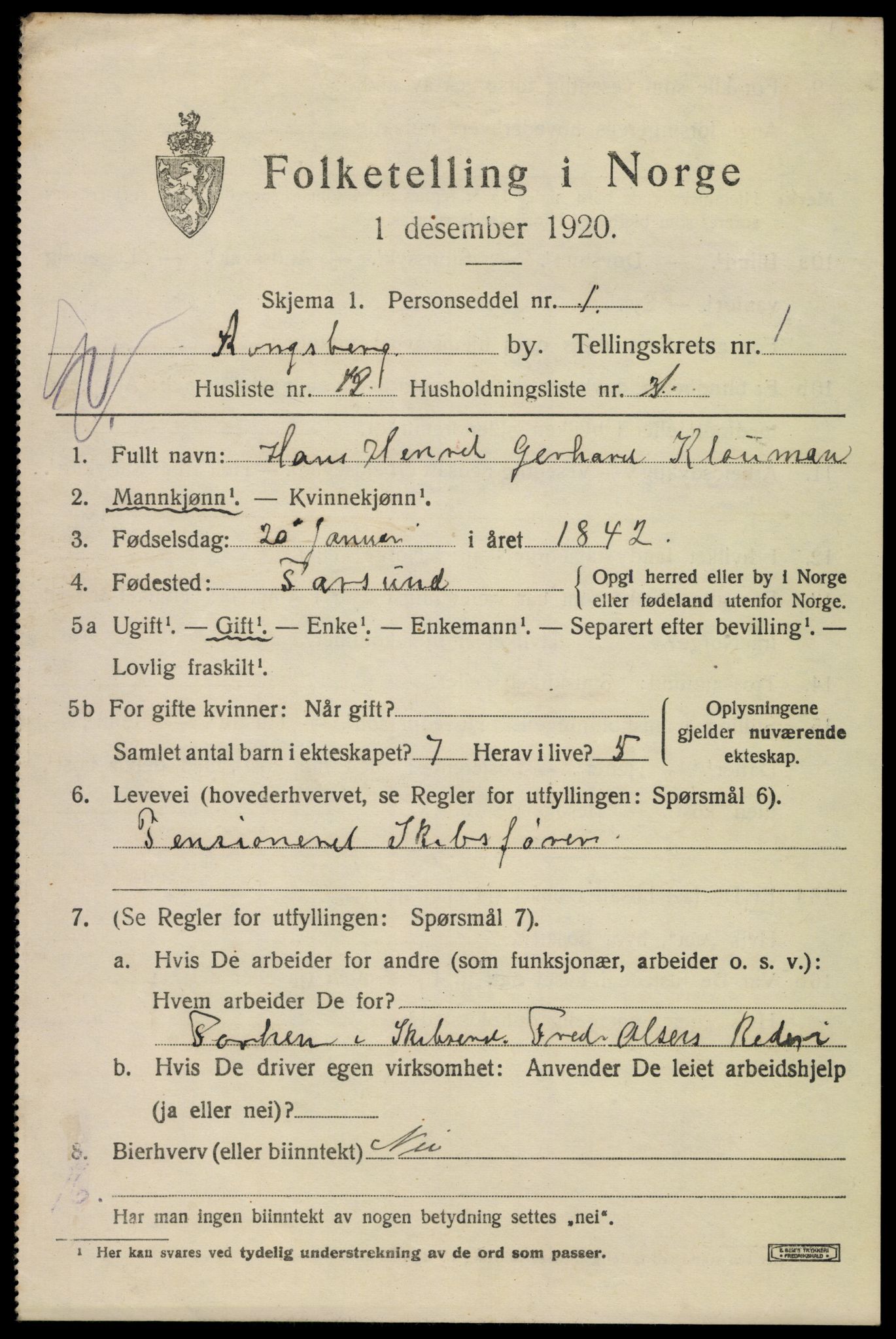 SAKO, 1920 census for Kongsberg, 1920, p. 6762