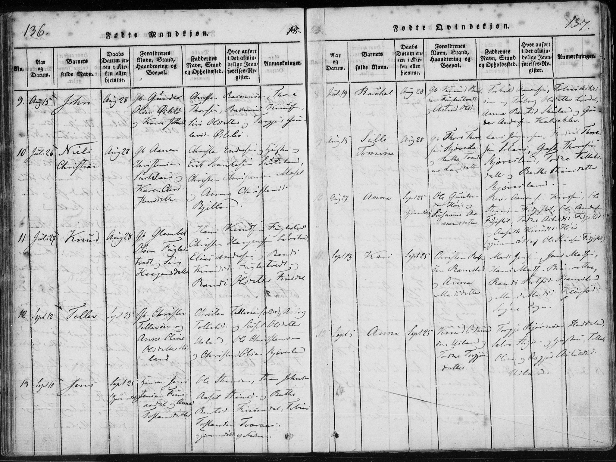 Holum sokneprestkontor, AV/SAK-1111-0022/F/Fa/Fac/L0002: Parish register (official) no. A 2, 1821-1859, p. 136-137