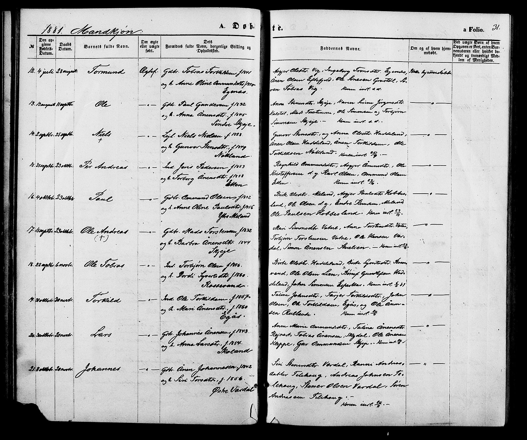 Hægebostad sokneprestkontor, SAK/1111-0024/F/Fa/Fab/L0003: Parish register (official) no. A 3, 1872-1886, p. 31