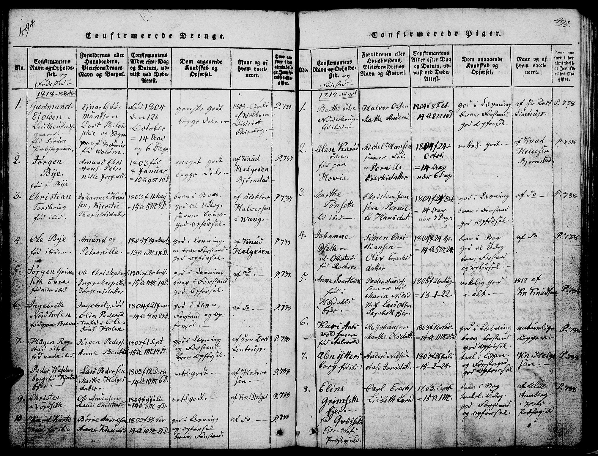 Løten prestekontor, SAH/PREST-022/L/La/L0001: Parish register (copy) no. 1, 1812-1832, p. 494-495