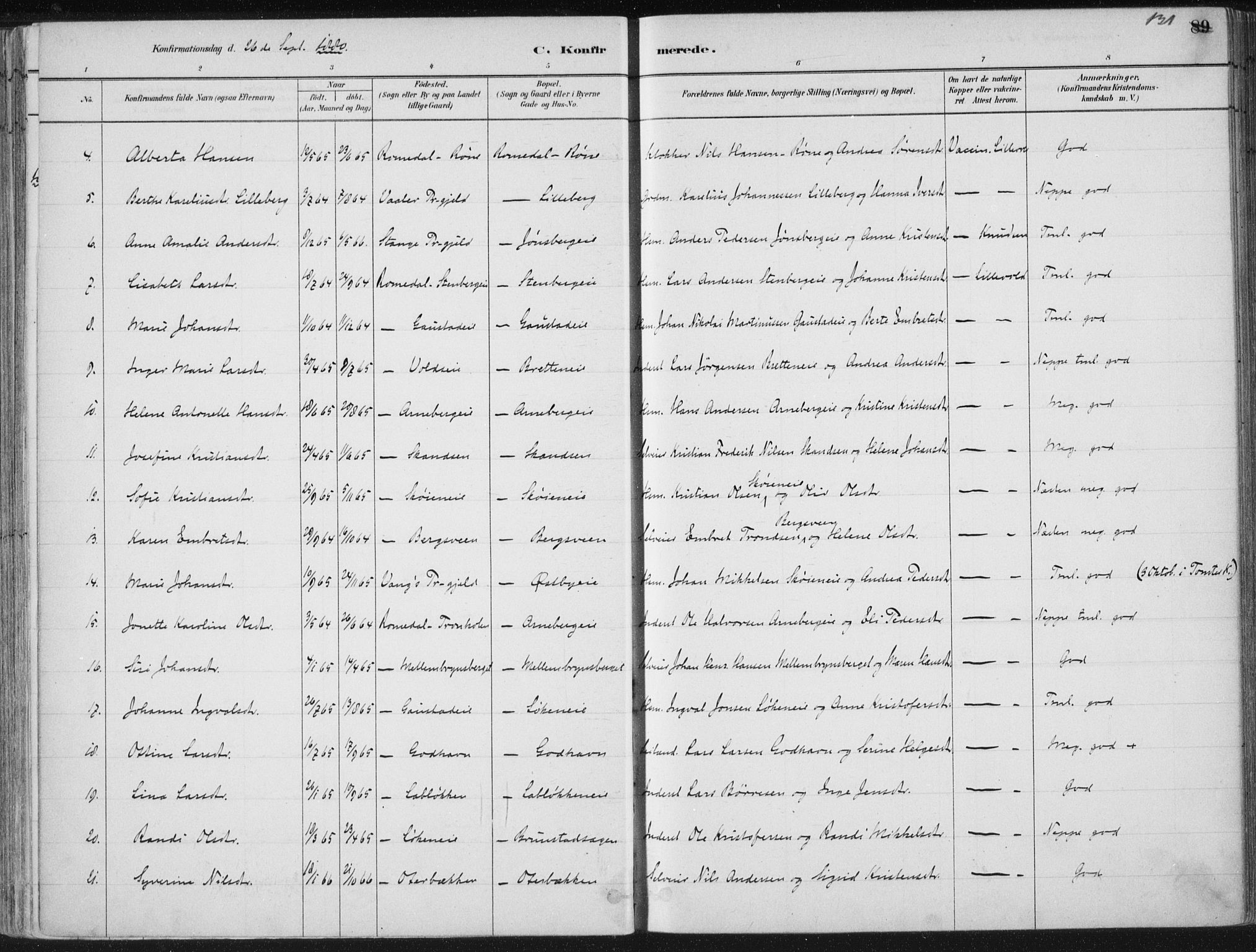 Romedal prestekontor, AV/SAH-PREST-004/K/L0010: Parish register (official) no. 10, 1880-1895, p. 131